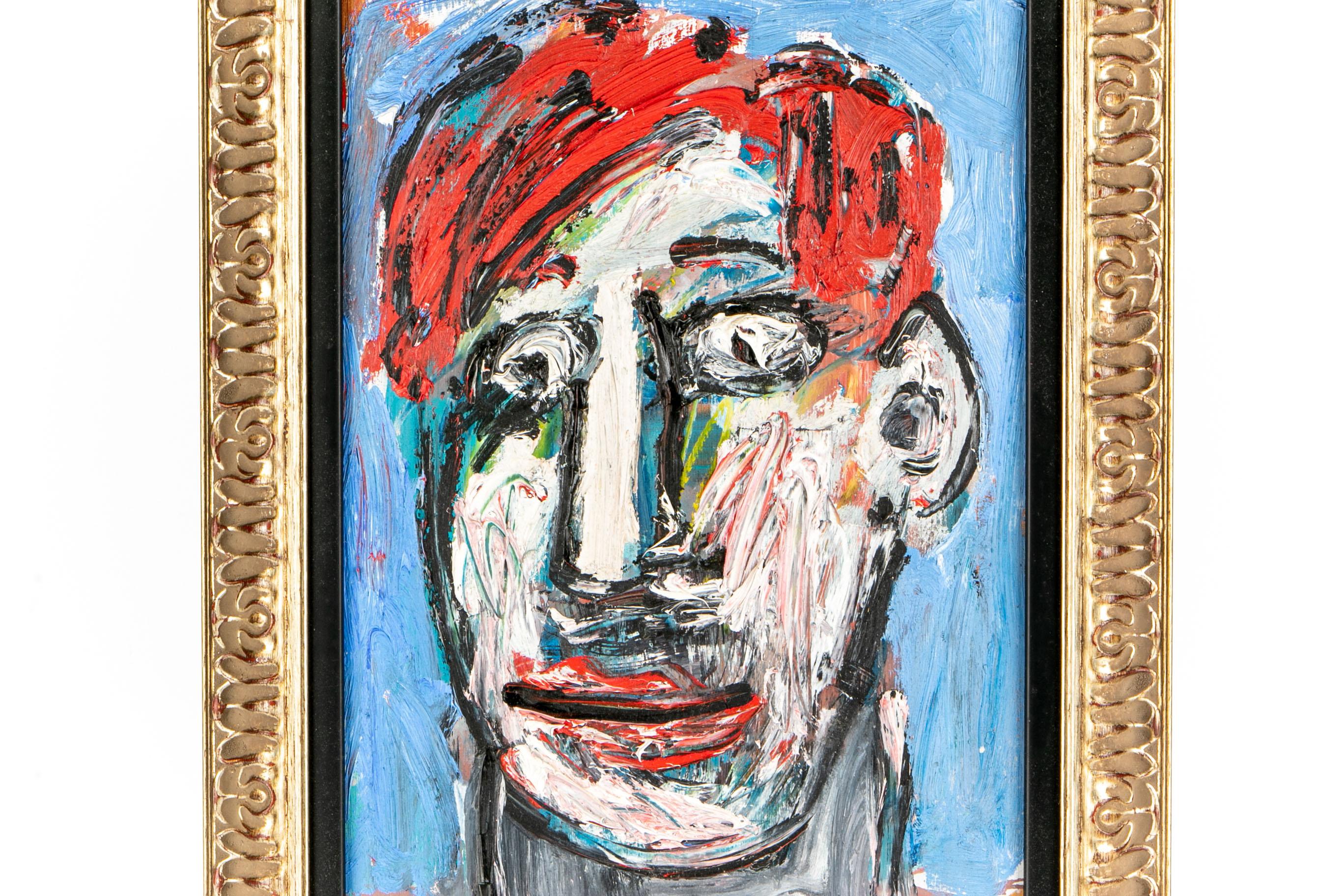 Alex Itin (American, 20th-21st century) contemporary acrylic on panel, portrait of a man. Signed and dated '96 on verso. A textured acrylic portrait of man with red hair. Mounted in a carved gilt frame. ss: 17 x 11