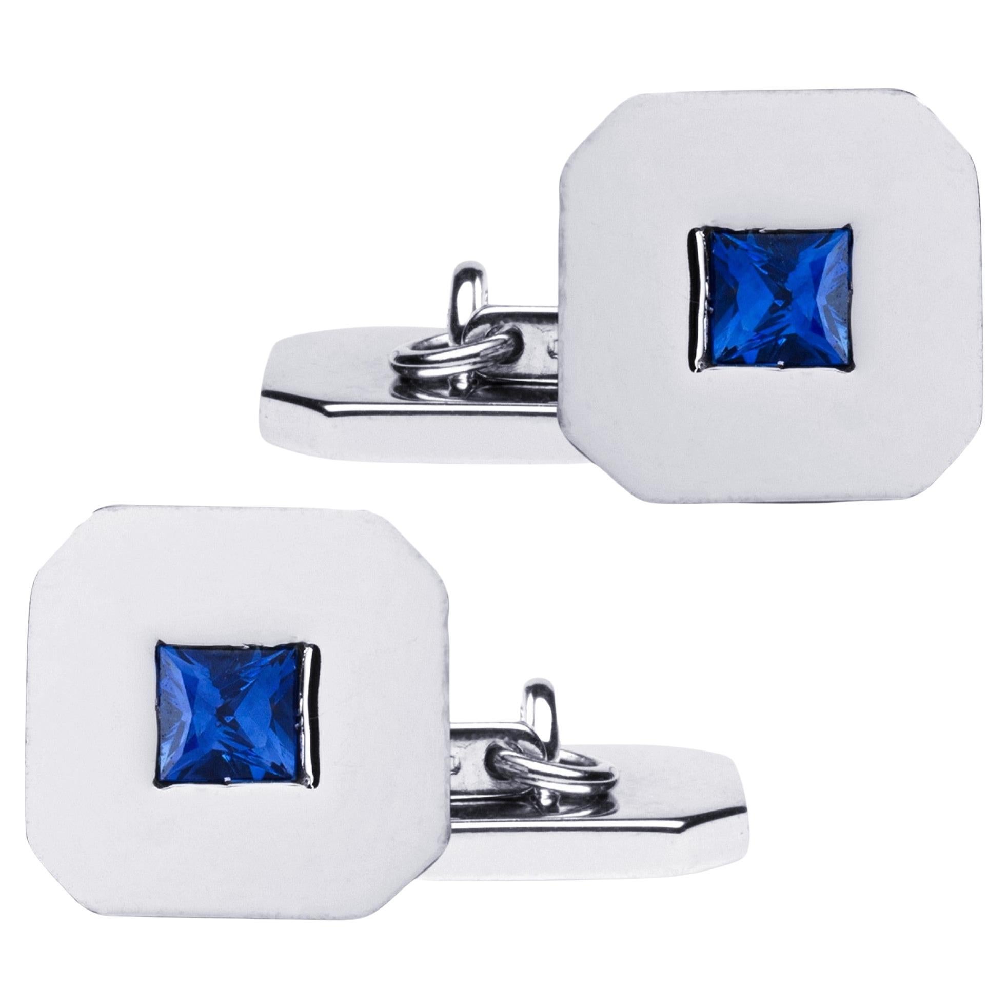 Alex Jona 18 Karat White Gold Blue Sapphire Cufflinks For Sale