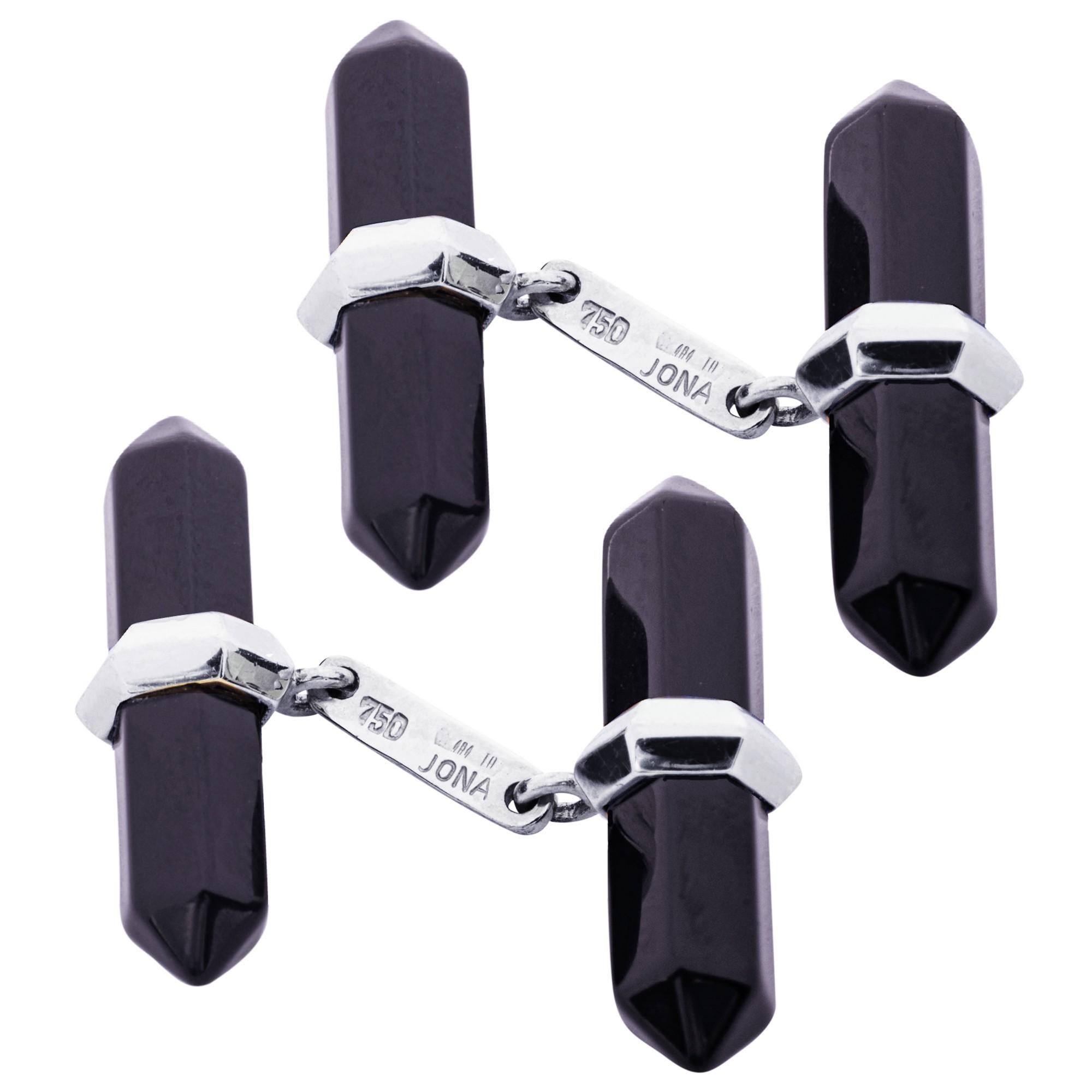 Taille mixte Alex Jona Boutons de manchette barre prisme en or blanc 18 carats et onyx en vente