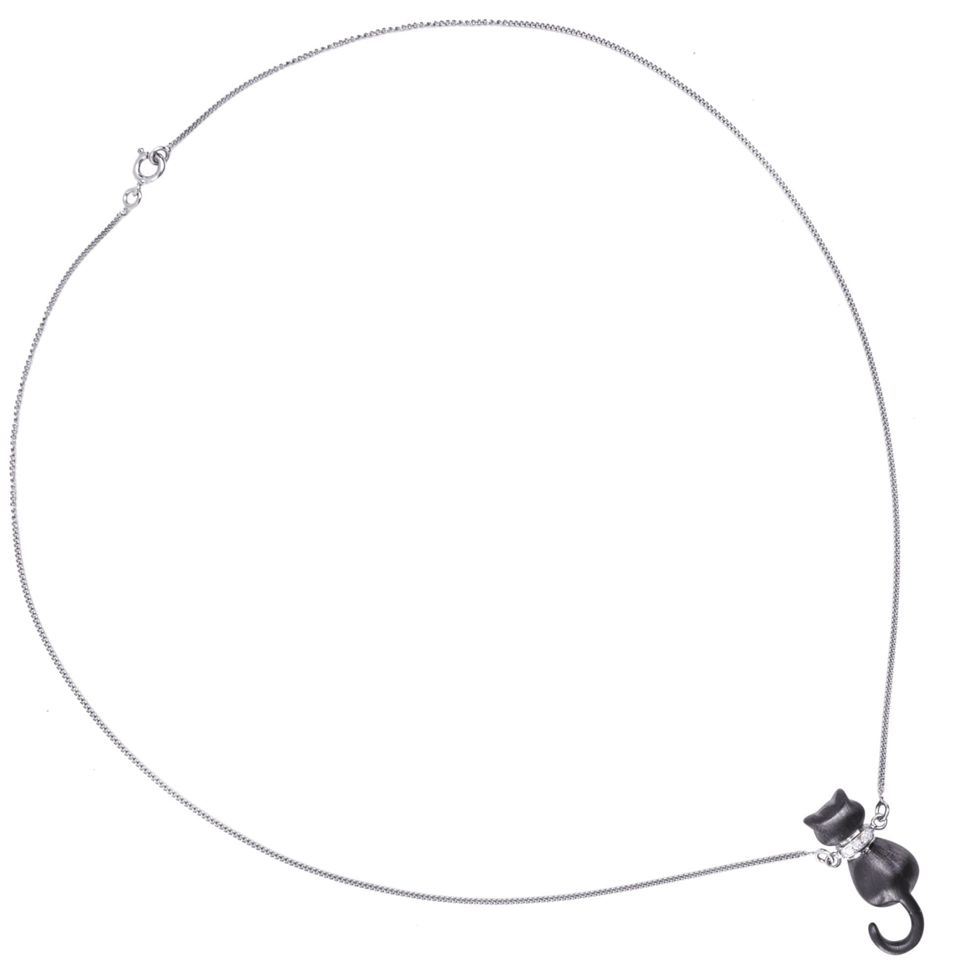 Alex Jona, Halskette mit Katzenanhänger, 18 Karat Weißgold, weißer Diamant (Rundschliff) im Angebot