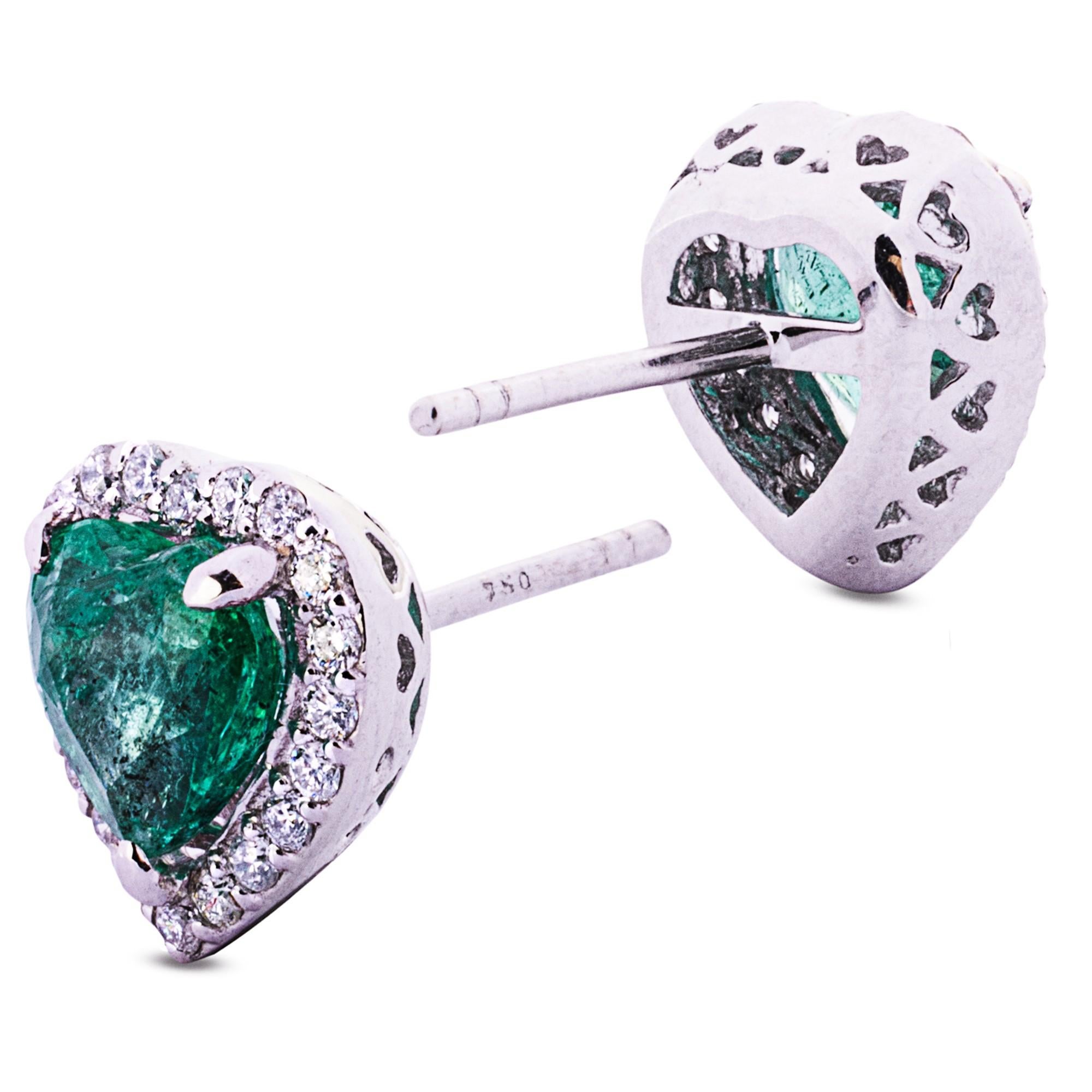 Round Cut Alex Jona 18 Karat White Gold White Diamond Emerald Heart Stud Earrings For Sale