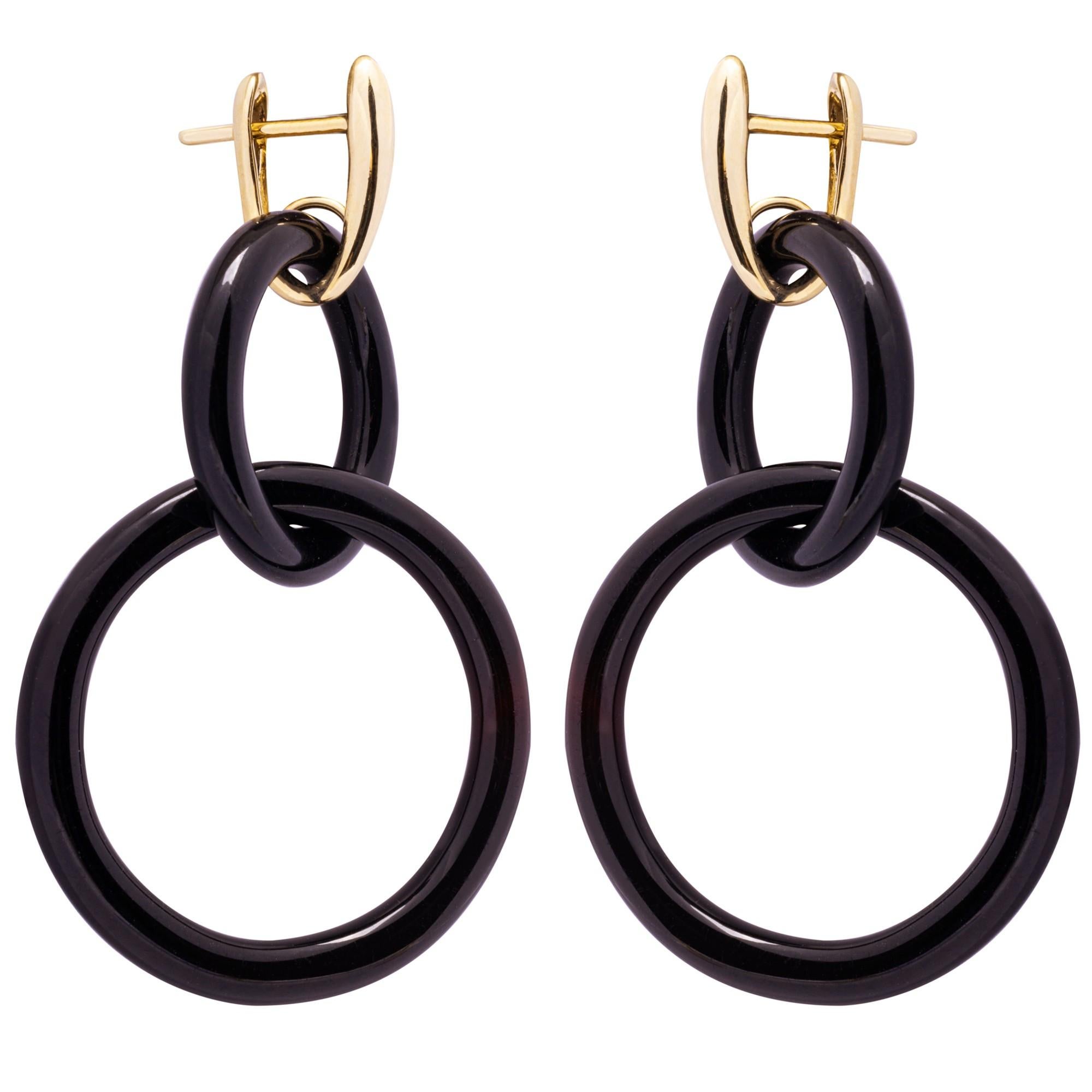 Tumbled Alex Jona 18 Karat Yellow Gold Black Agate Interlocking Hoops Pendant Earrings For Sale