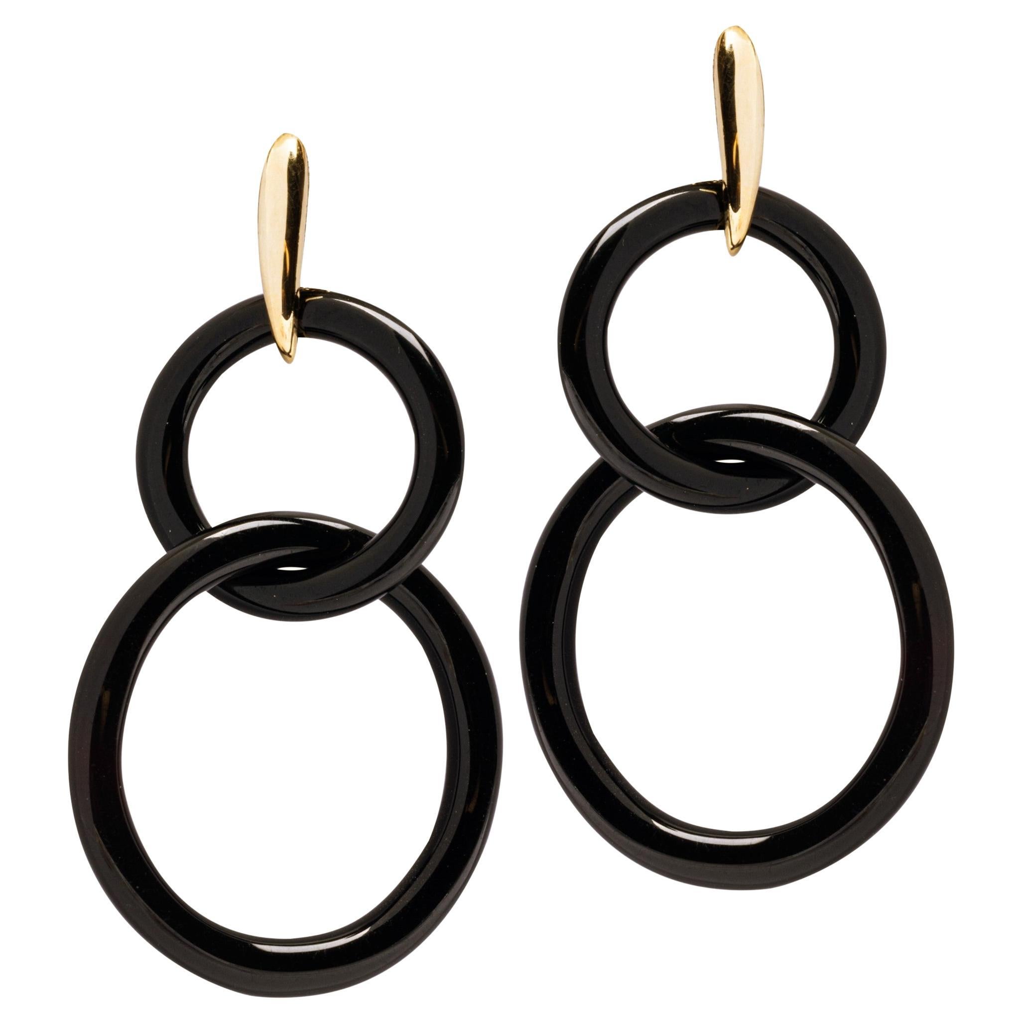 Alex Jona 18 Karat Yellow Gold Black Agate Interlocking Hoops Pendant Earrings For Sale