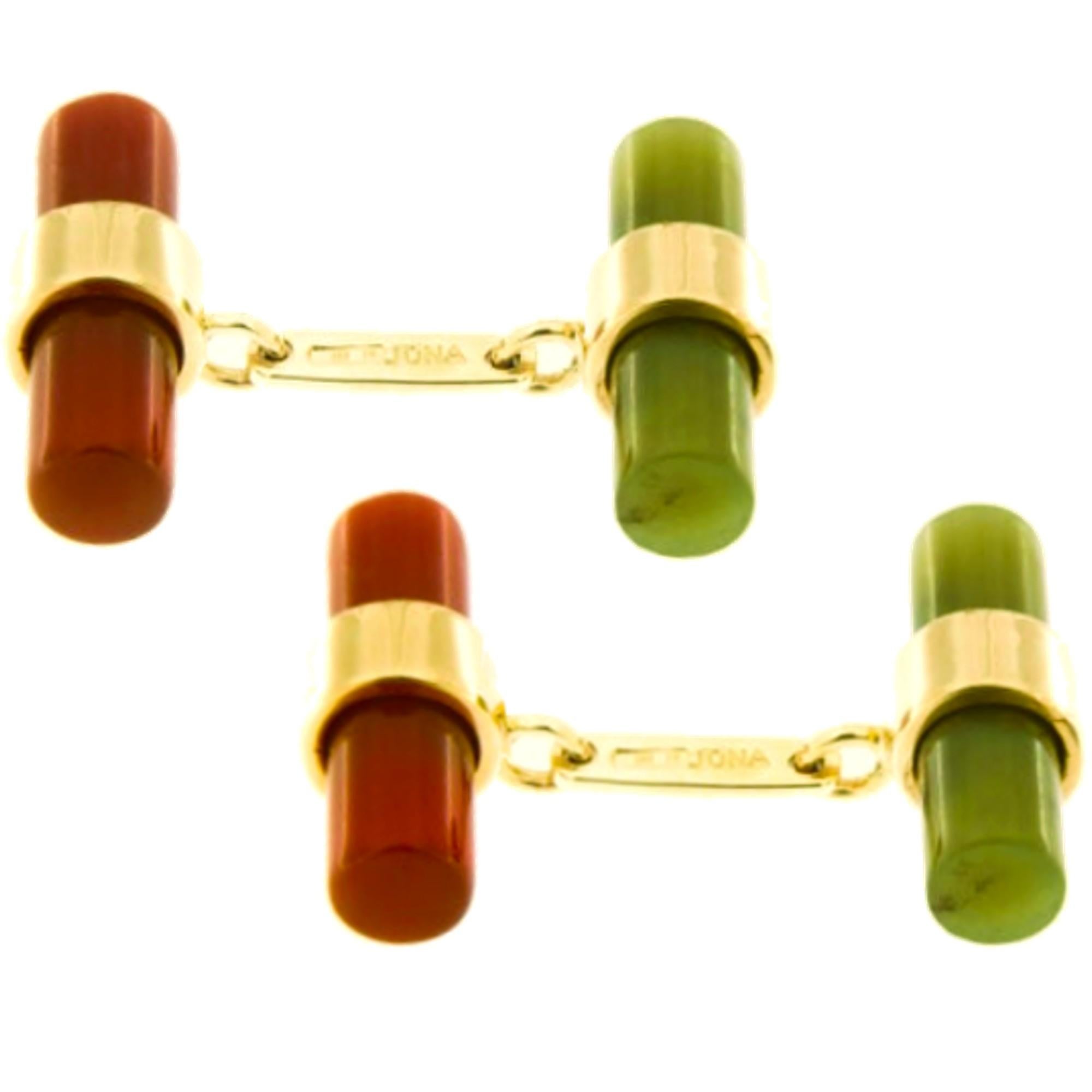 Mixed Cut Alex Jona 18 Karat Yellow Gold Carnelian Moss Agate Cylinder Cufflinks For Sale