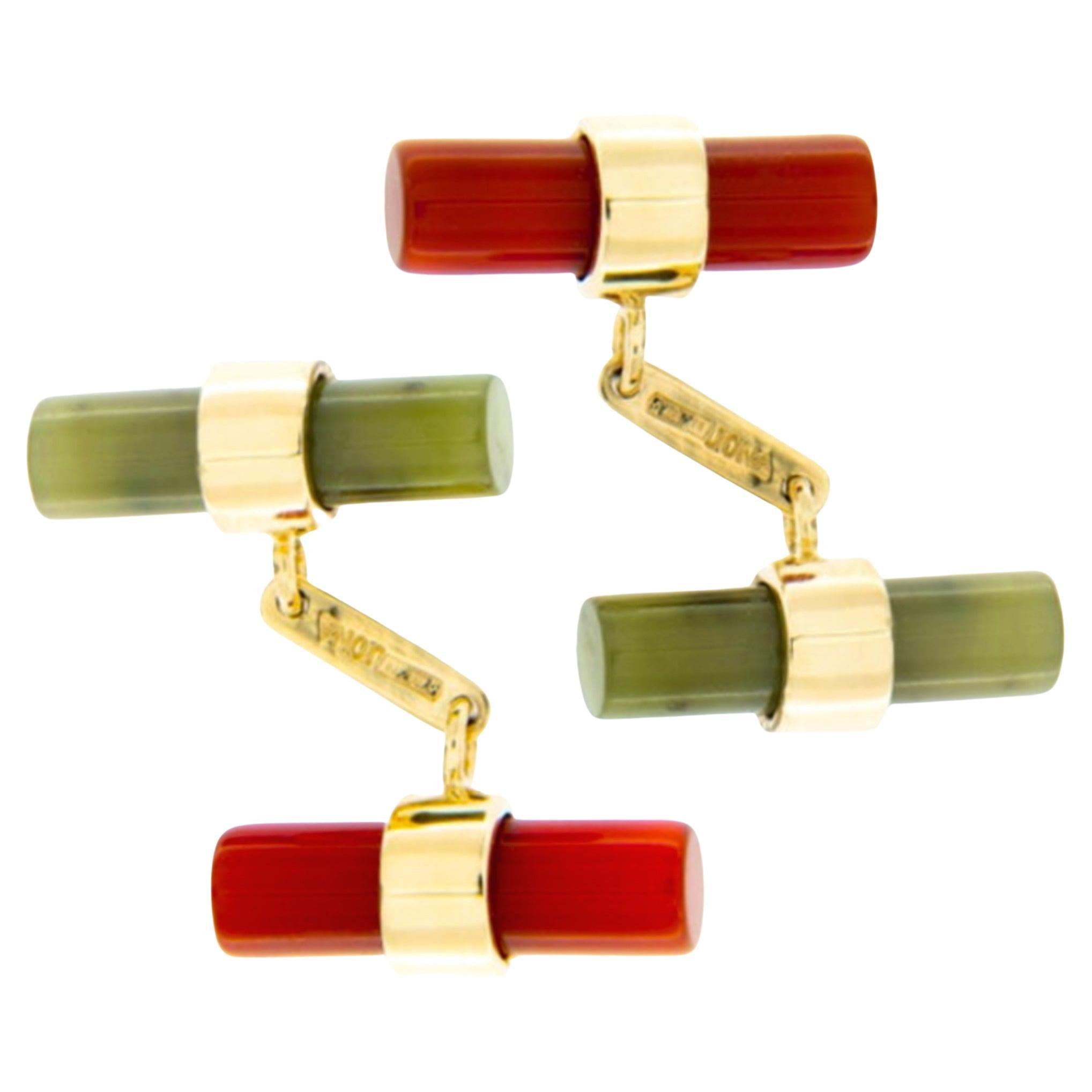 Alex Jona 18 Karat Yellow Gold Carnelian Moss Agate Cylinder Cufflinks For Sale