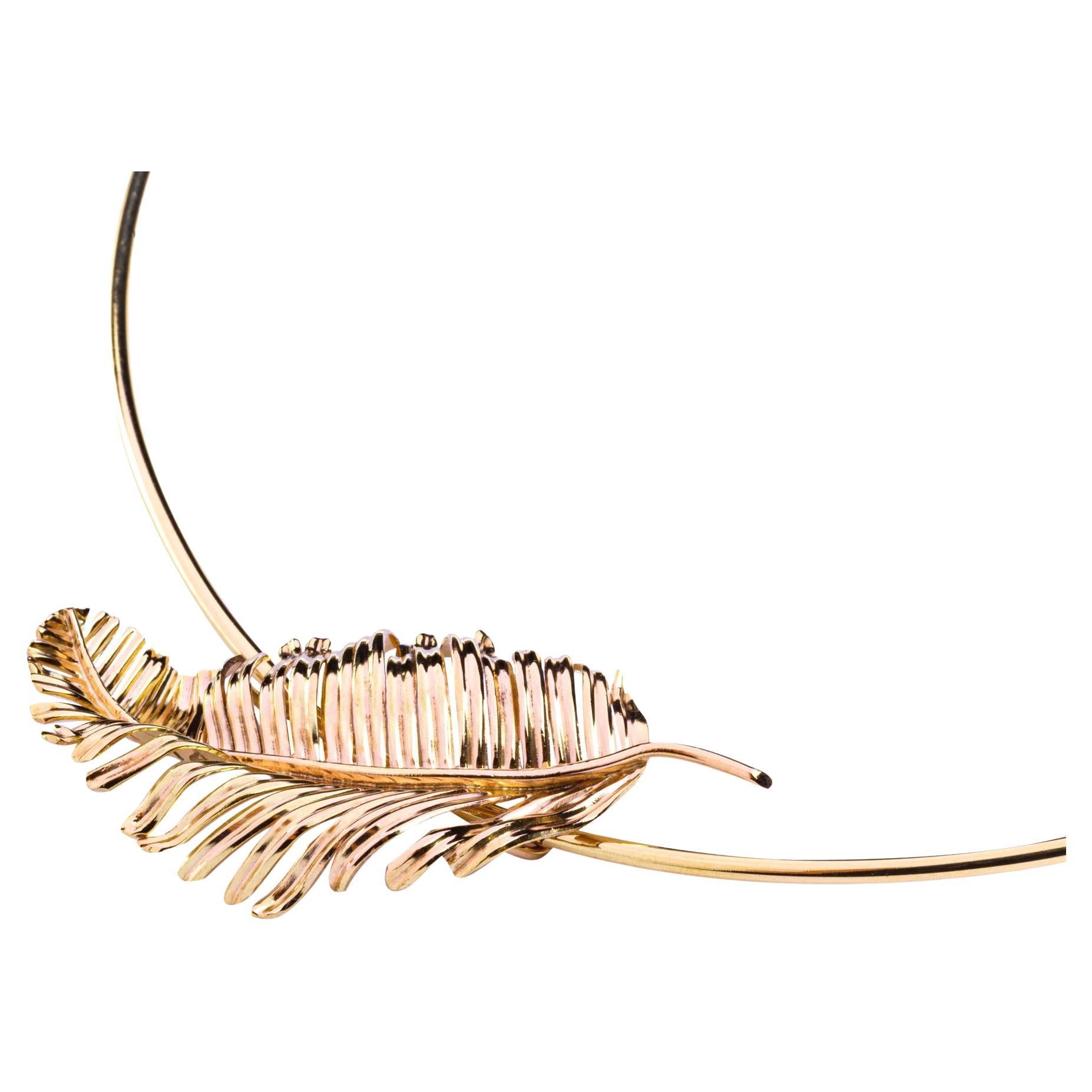 Alex Jona 18 Karat Yellow Gold Feather Pendant Chocker Necklace For Sale