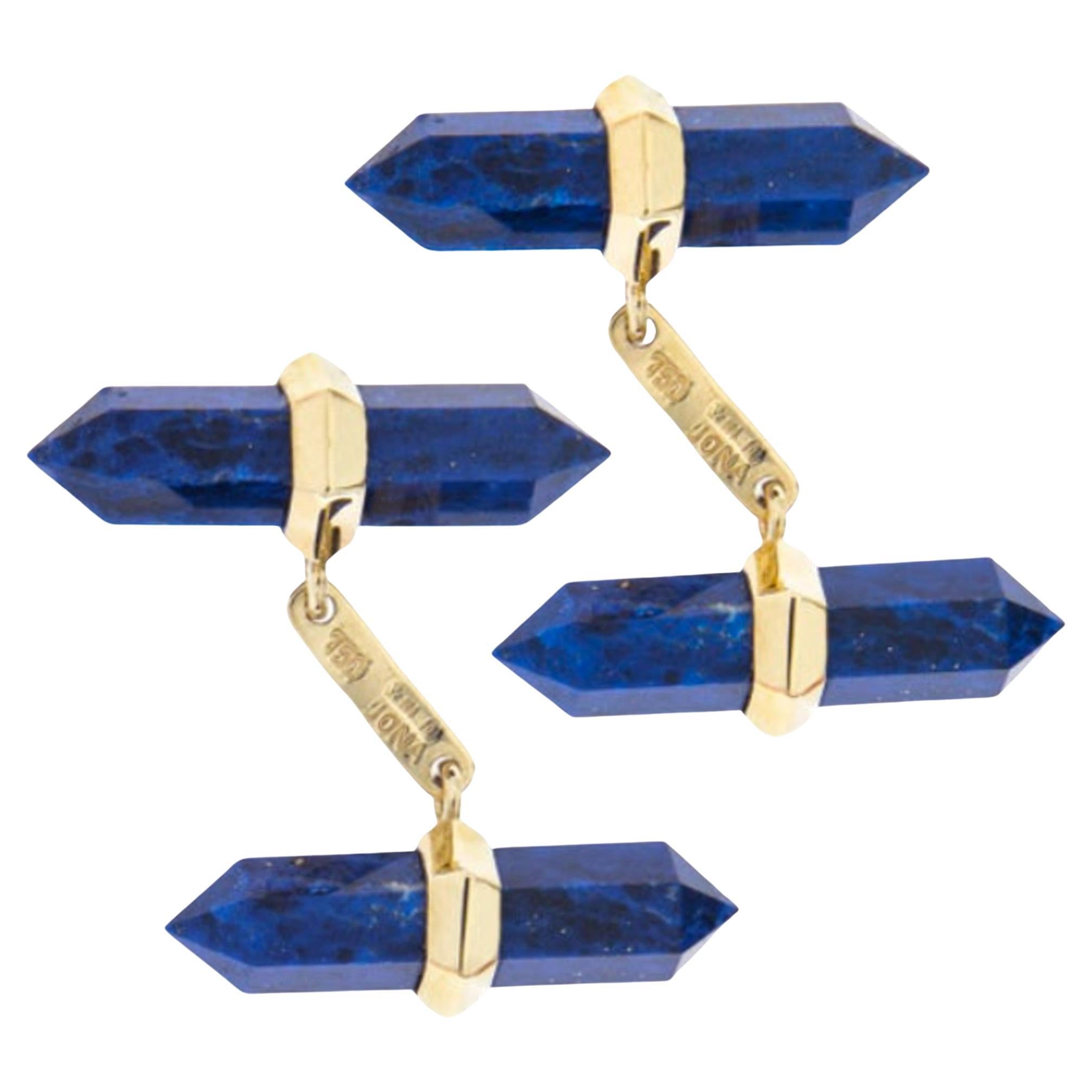 Alex Jona 18 Karat Yellow Gold Lapis Lazuli Prism Bar Cufflinks For Sale