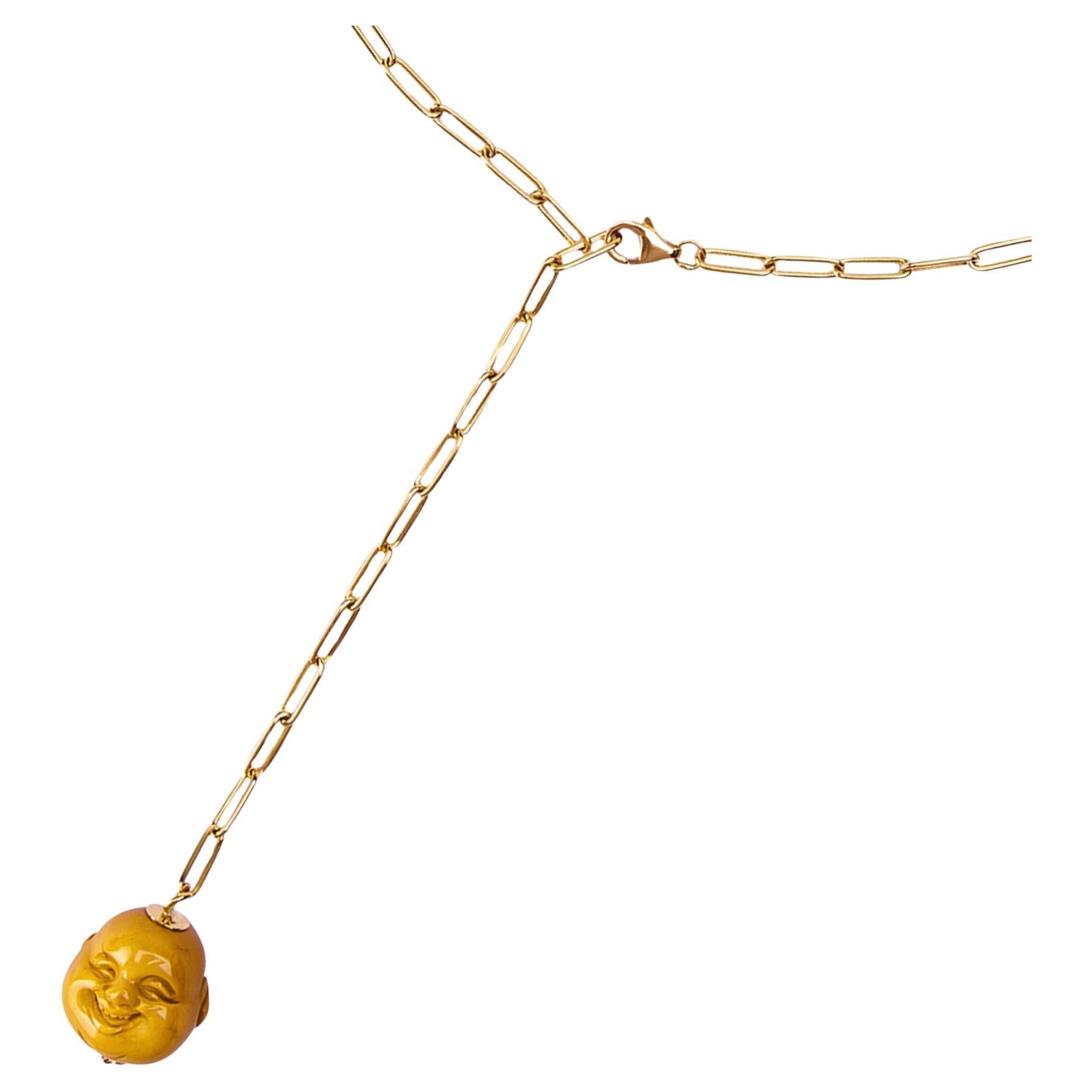 Alex Jona 18 Karat Yellow Gold Scarf Necklace & Jasper Smile Face Charm For Sale