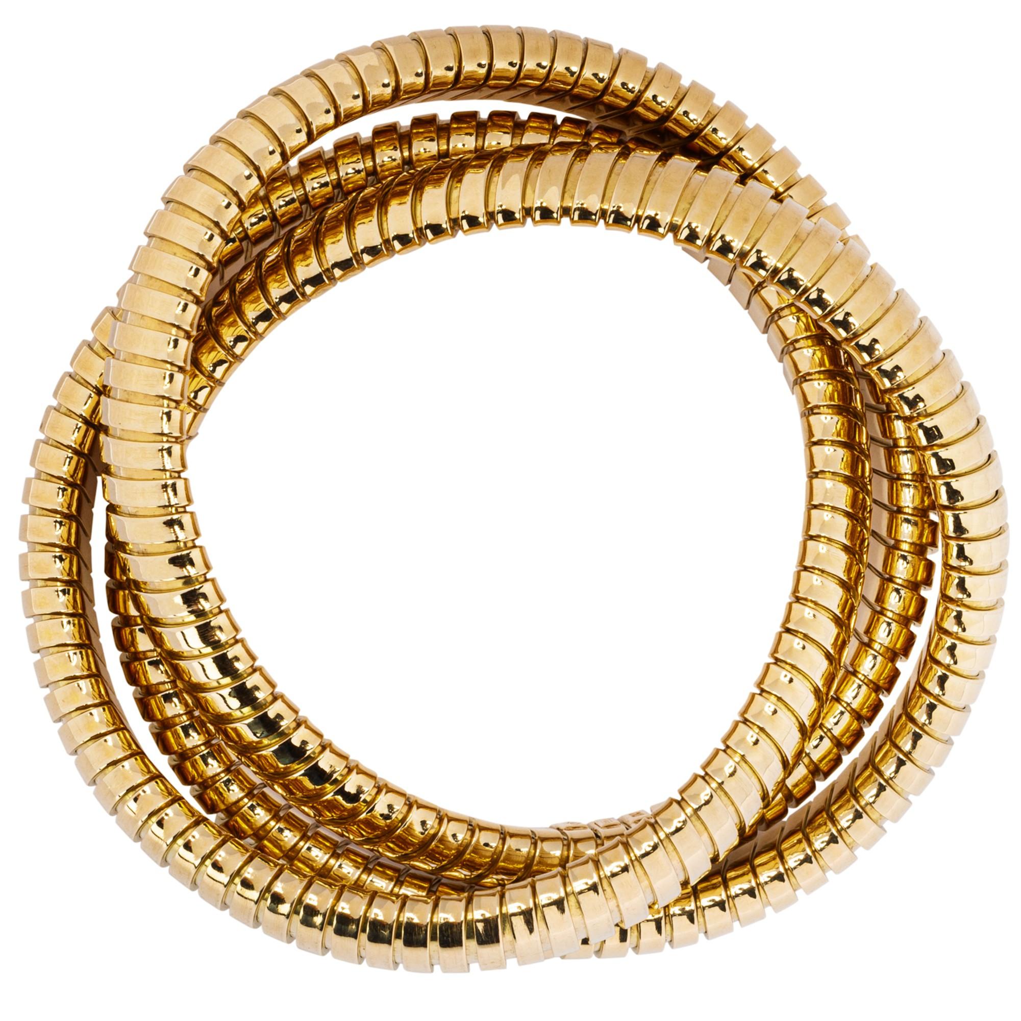 Alex Jona Tubogas Three-Strand Rolling Bangle Bracelet  18 Karat Yellow Gold For Sale 1