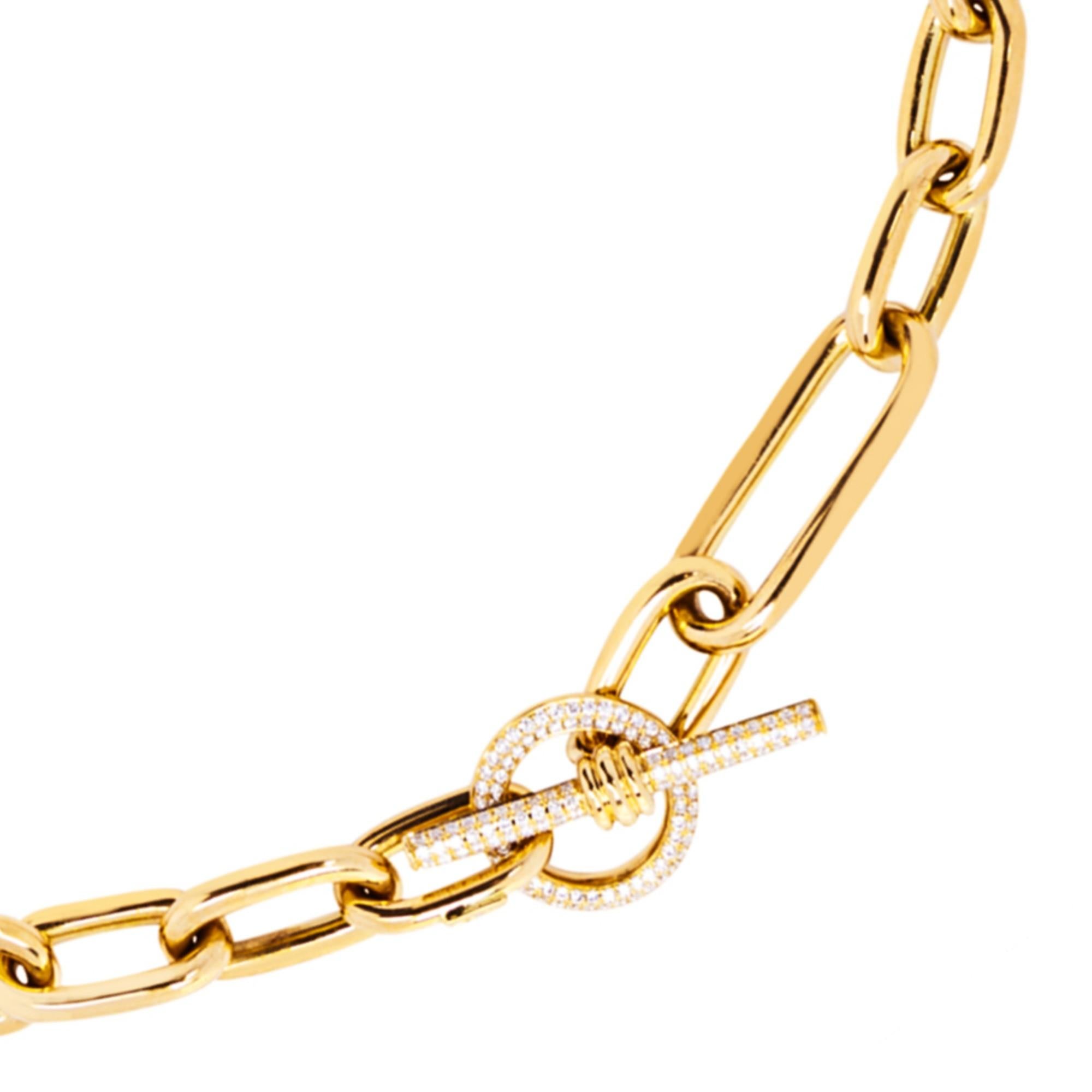 Alex Jona 18 Karat Yellow Gold White Diamond Toggle Bar Link Chain Necklace For Sale 1