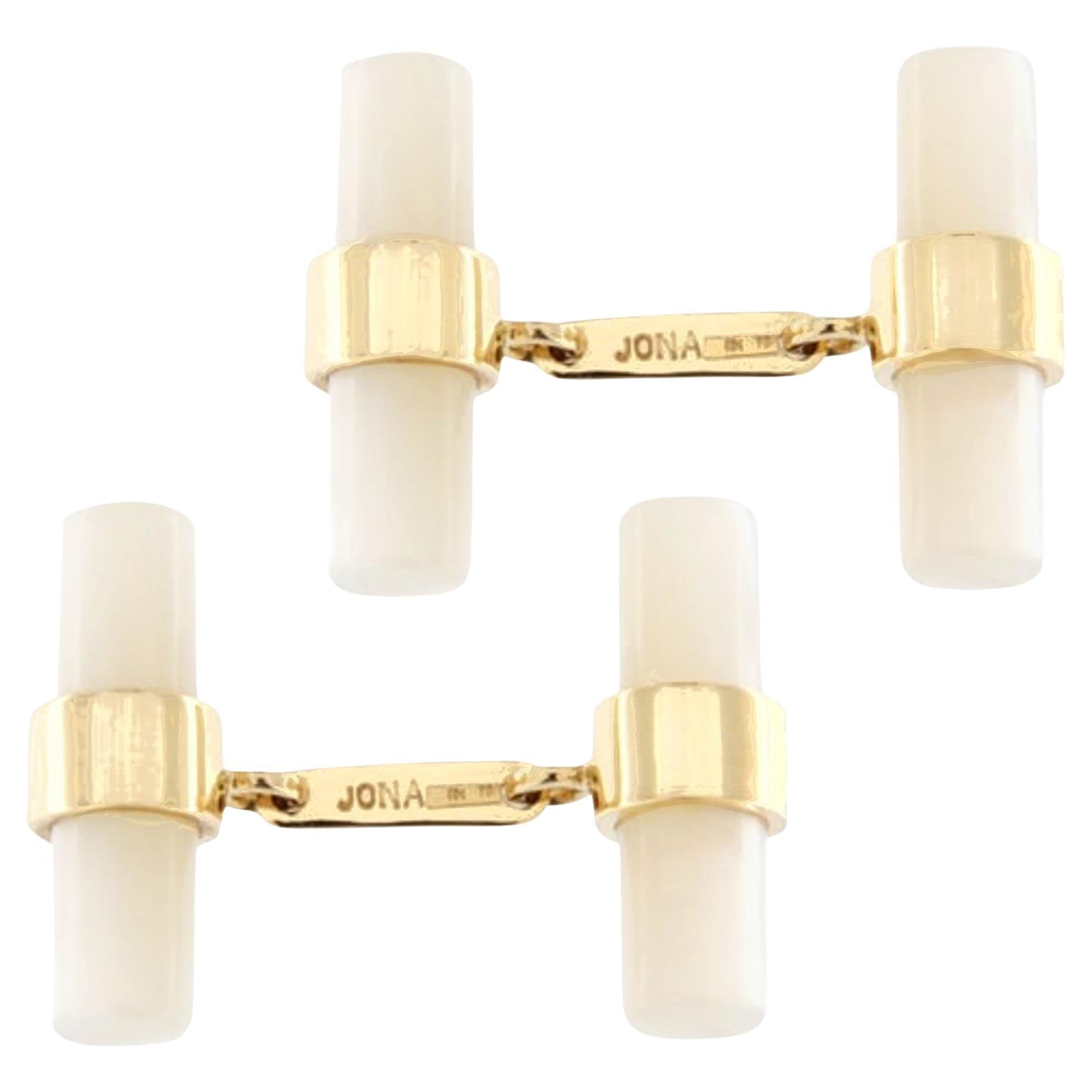 Alex Jona Boutons de manchette barre en or jaune 18 carats et nacre