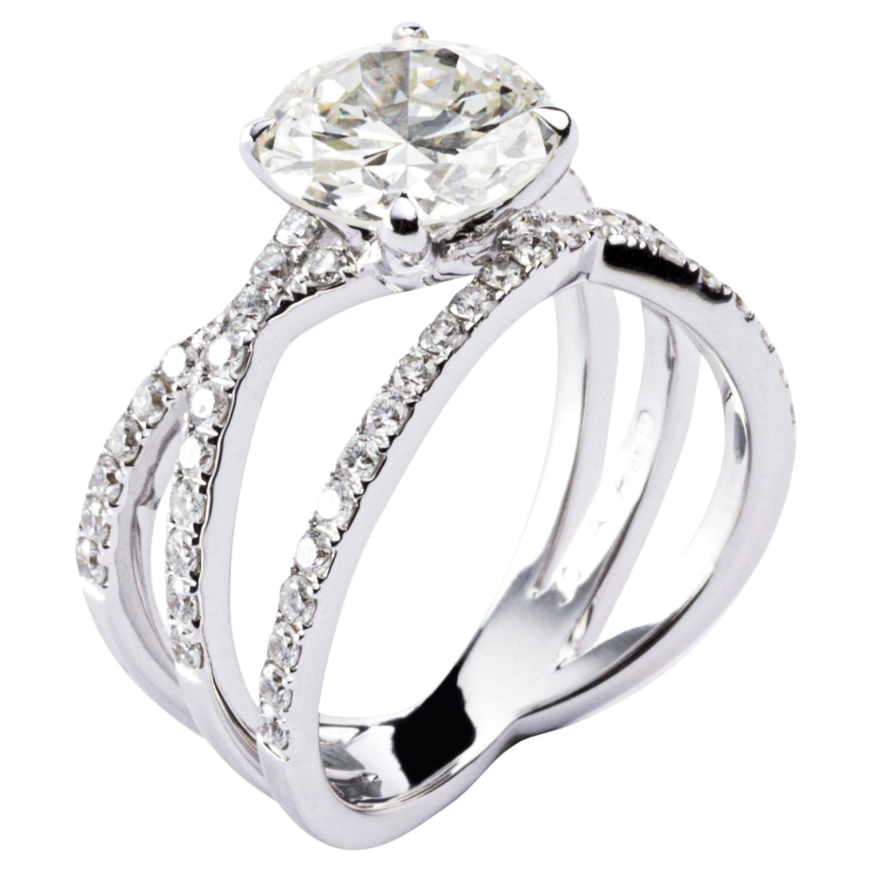 Alex Jona 2.19 Carat Round Cut Diamond 18 Karat White Gold Crossover Ring For Sale