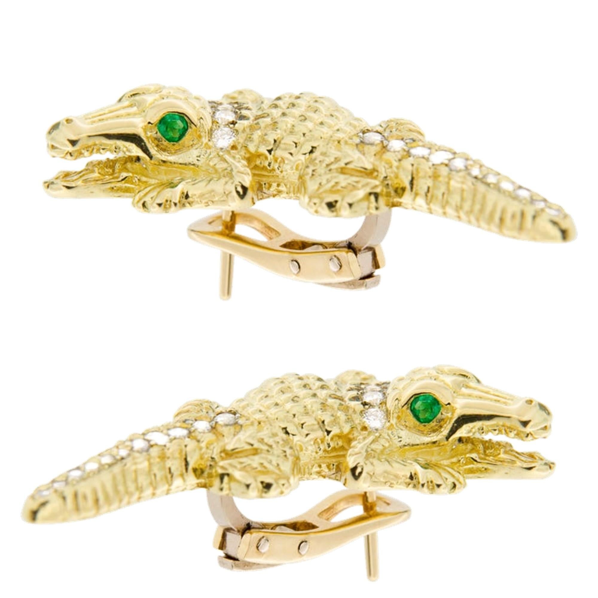 Alex Jona Alligator 18 Karat Gelbgold Weißer Diamant Smaragd Clip-On Ohrringe Damen im Angebot