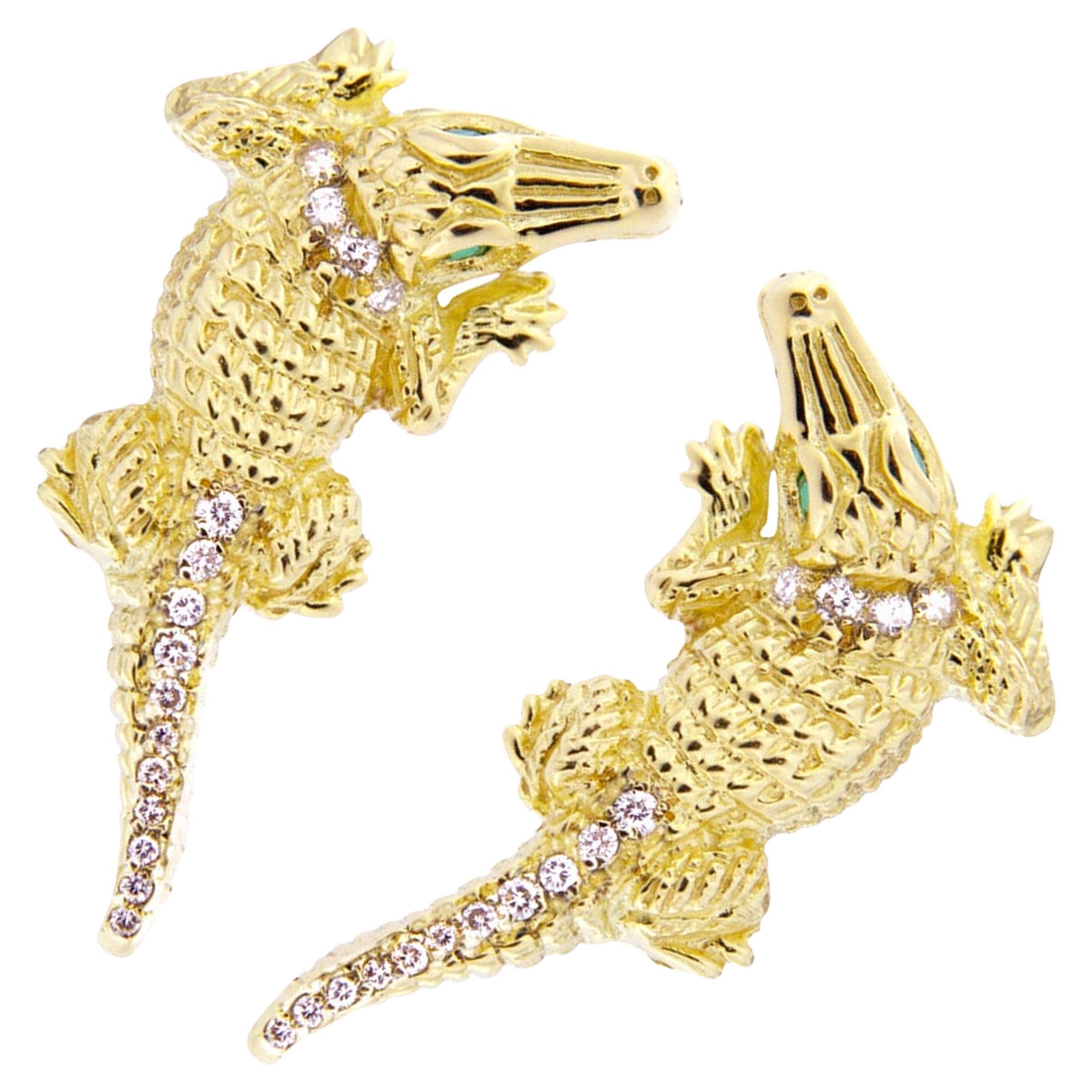 Alex Jona Alligator 18 Karat Yellow Gold White Diamond Emerald Clip-On Earrings For Sale