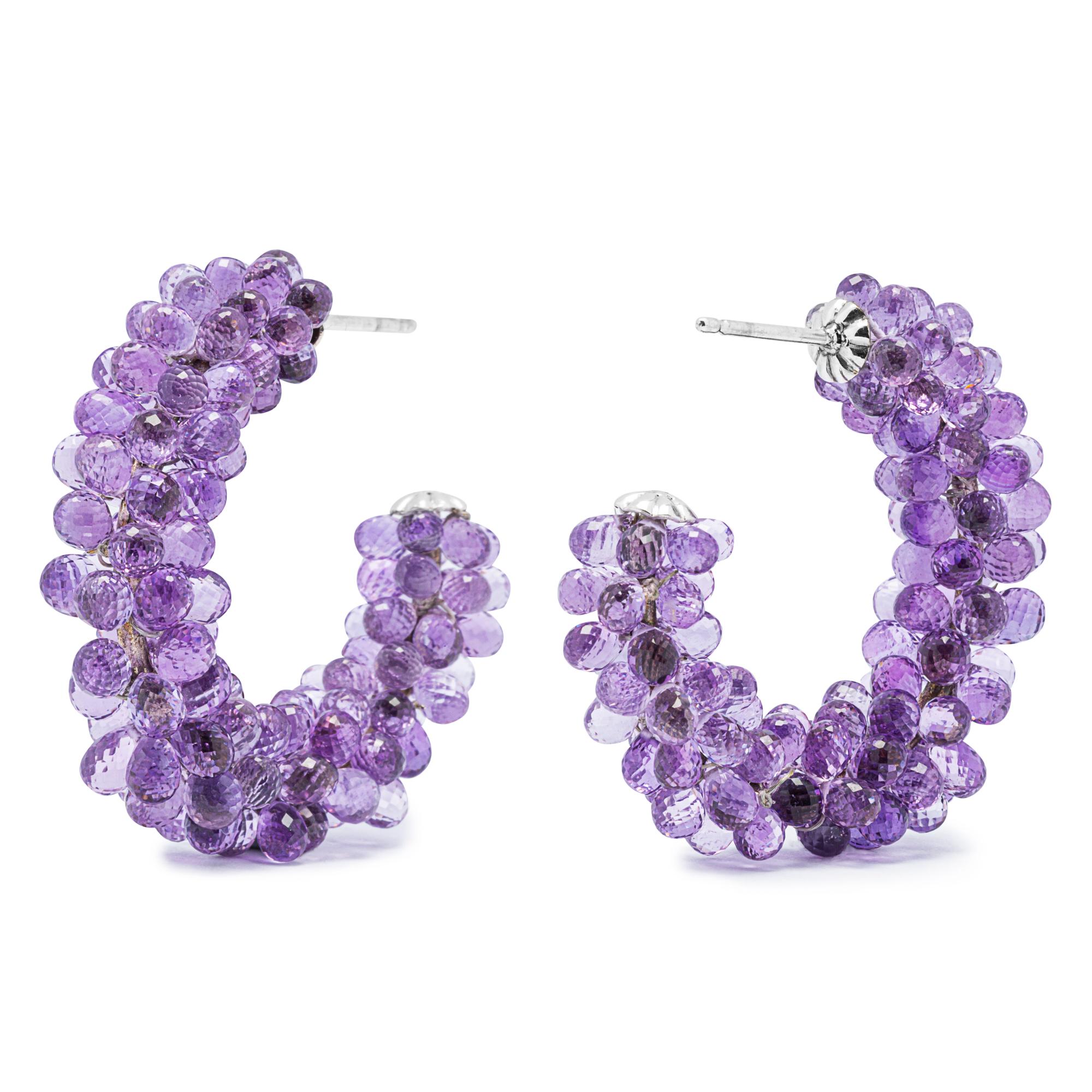 Briolette Cut Alex Jona Amethyst 18 Karat White Gold Hoop Earrings