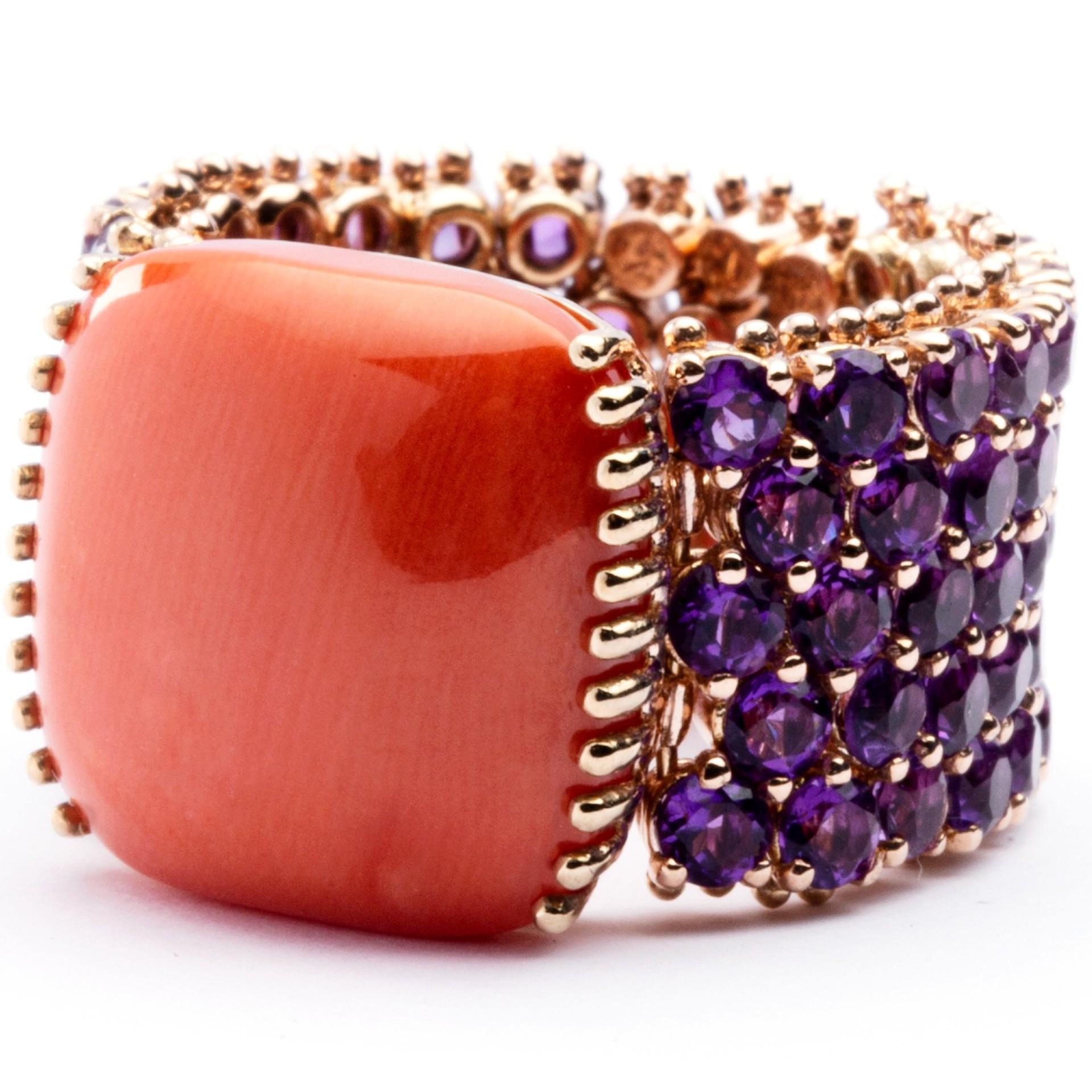 Cushion Cut Alex Jona Amethyst and Mediterranean Coral 18 Karat Rose Gold Band Ring For Sale