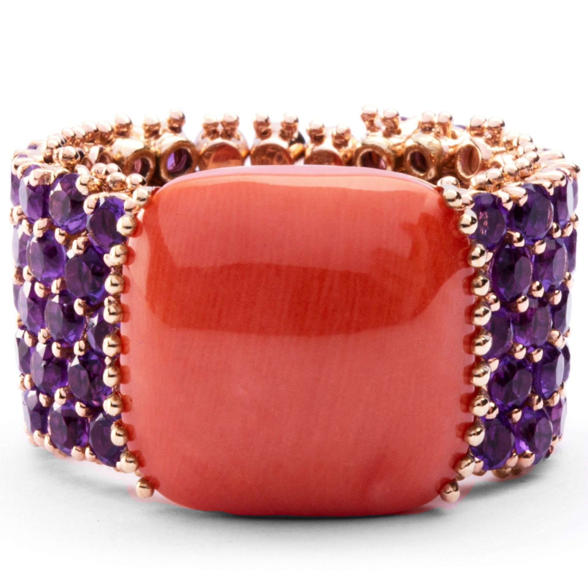 Alex Jona Amethyst and Mediterranean Coral 18 Karat Rose Gold Band Ring In New Condition In Lugano, CH