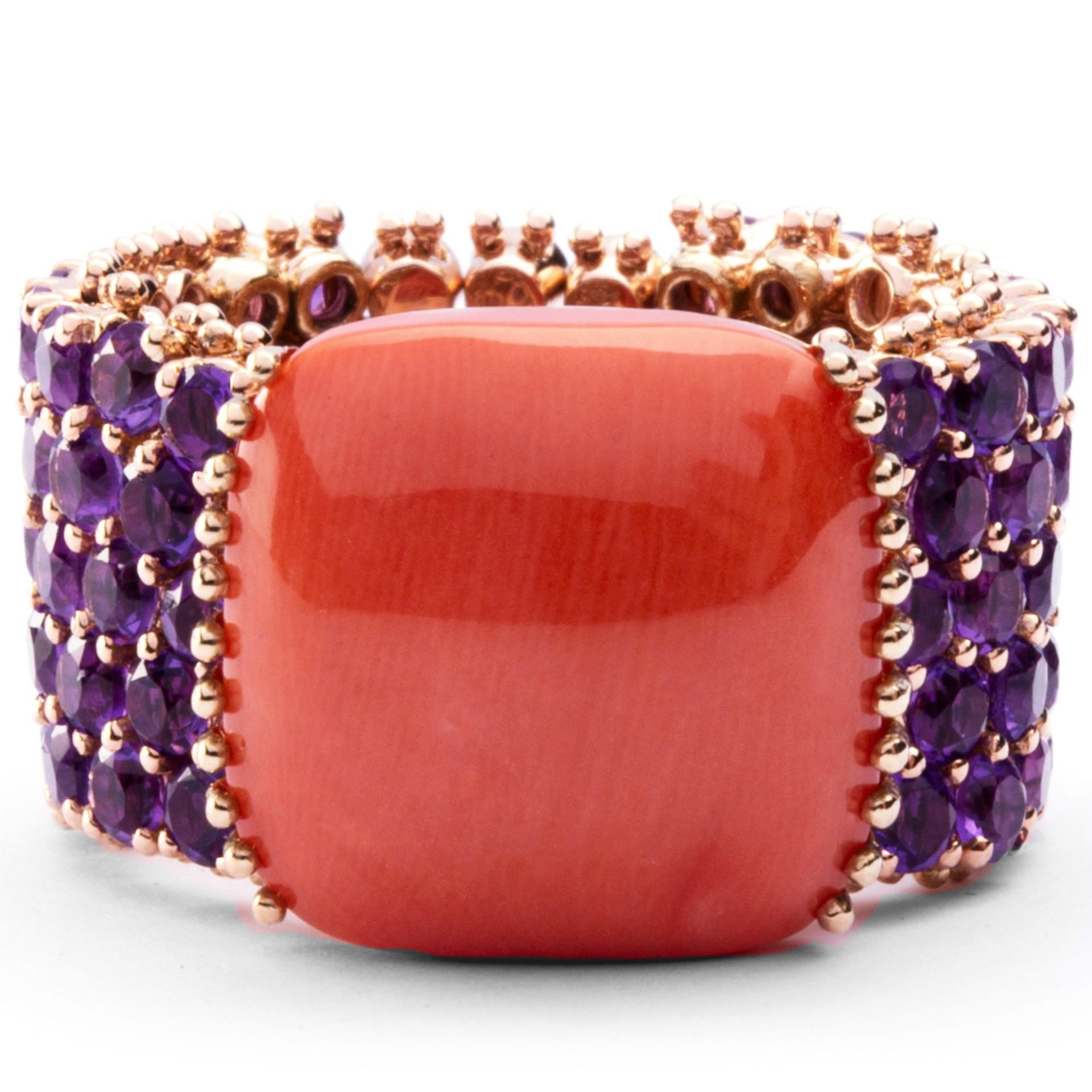 Alex Jona Amethyst and Mediterranean Coral 18 Karat Rose Gold Band Ring In New Condition For Sale In Torino, IT