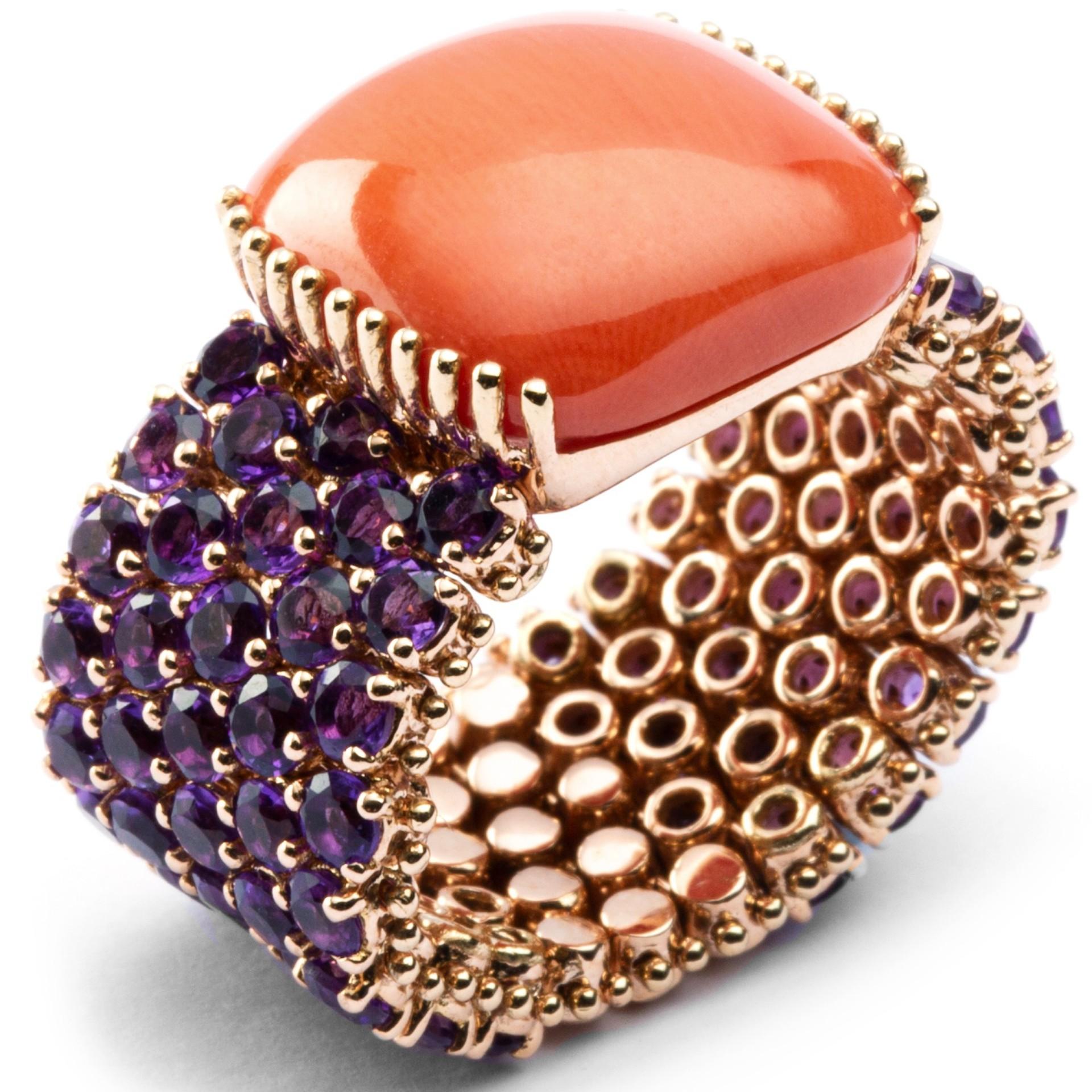 Women's Alex Jona Amethyst and Mediterranean Coral 18 Karat Rose Gold Band Ring For Sale