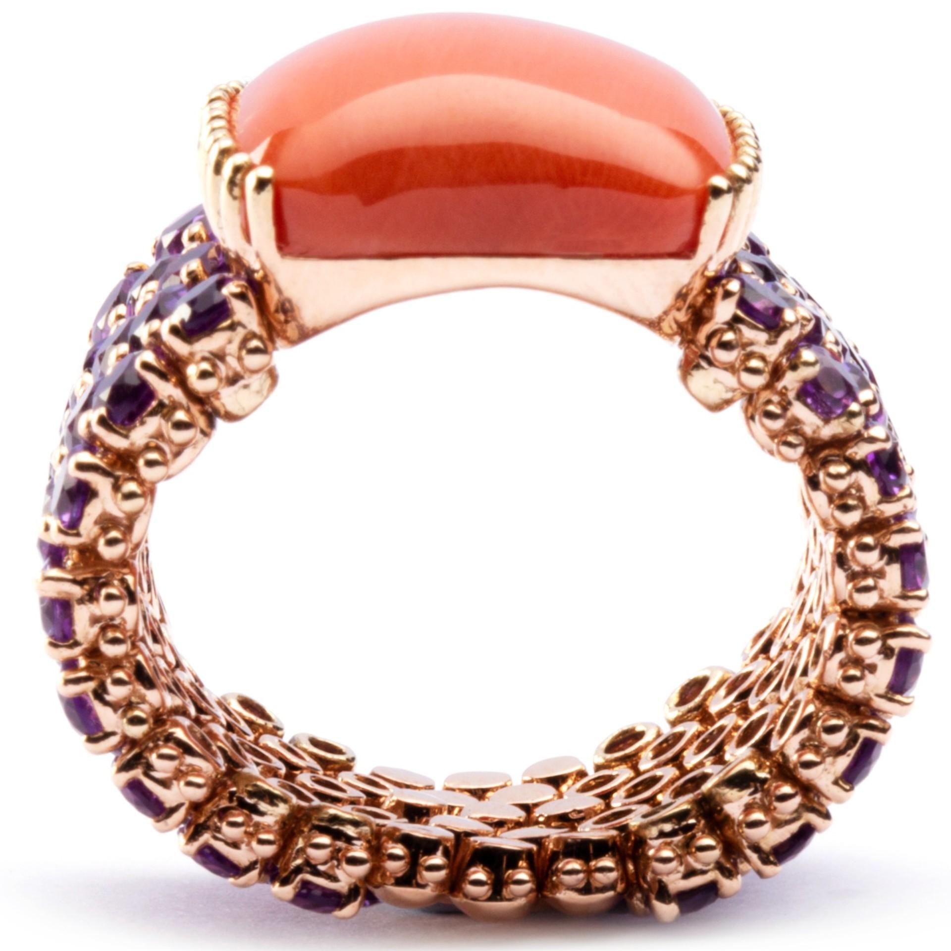 Alex Jona Amethyst and Mediterranean Coral 18 Karat Rose Gold Band Ring For Sale 1