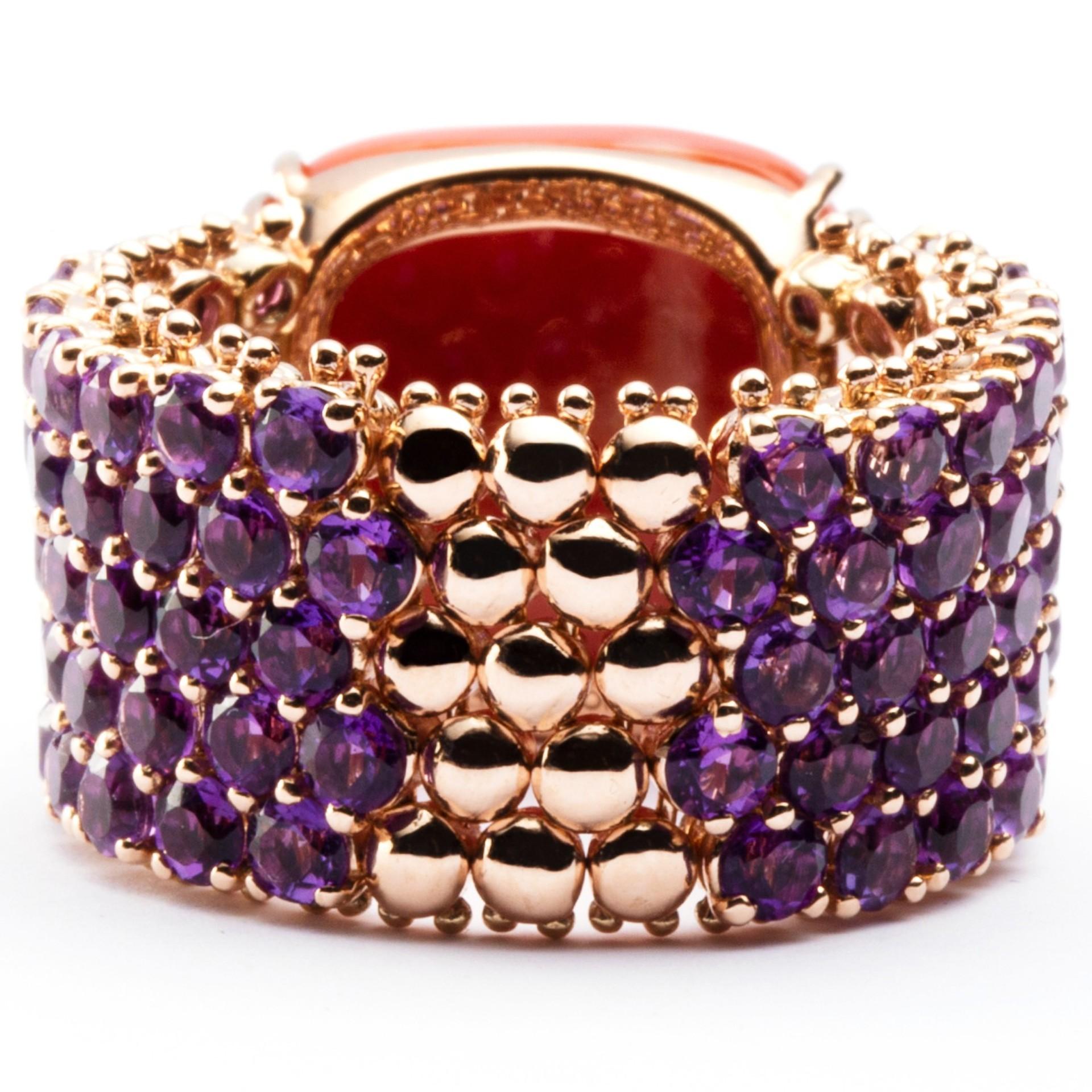 Alex Jona Amethyst and Mediterranean Coral 18 Karat Rose Gold Band Ring 3