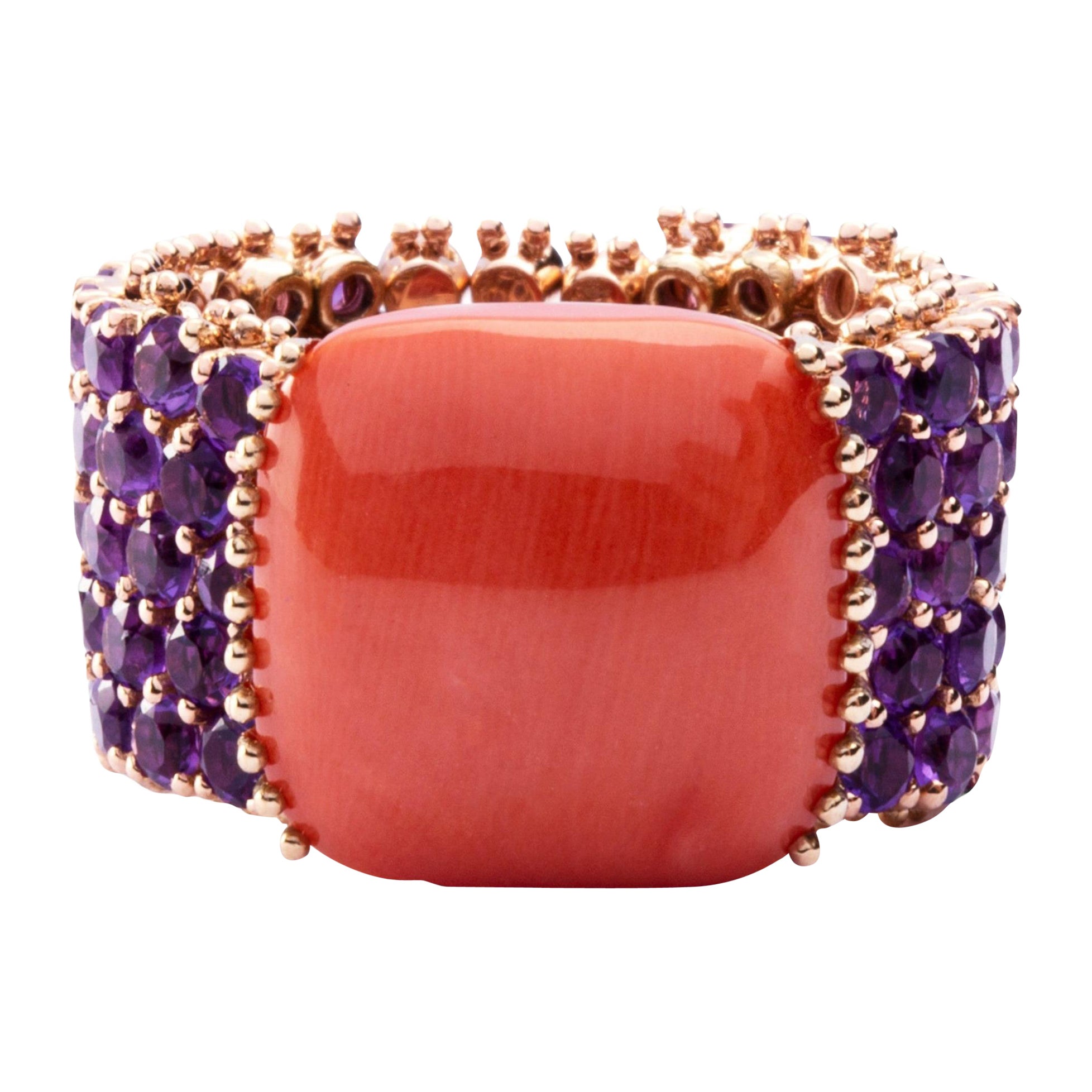 Anello con ametista e corallo mediterraneo in oro rosa 18 carati di Alex Jona in vendita