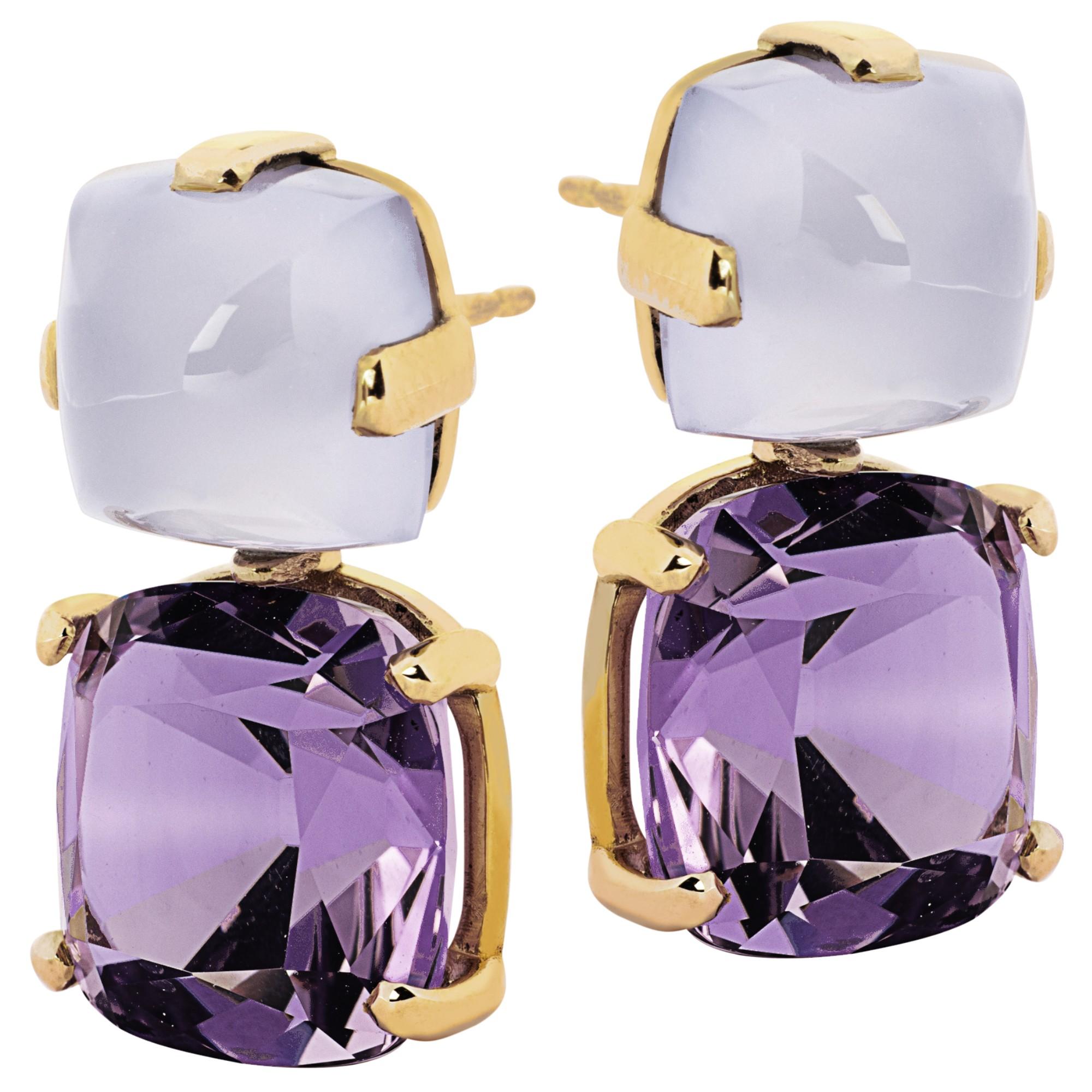 Mixed Cut Alex Jona Amethyst Chalcedony 18 Karat Yellow Gold Earrings For Sale