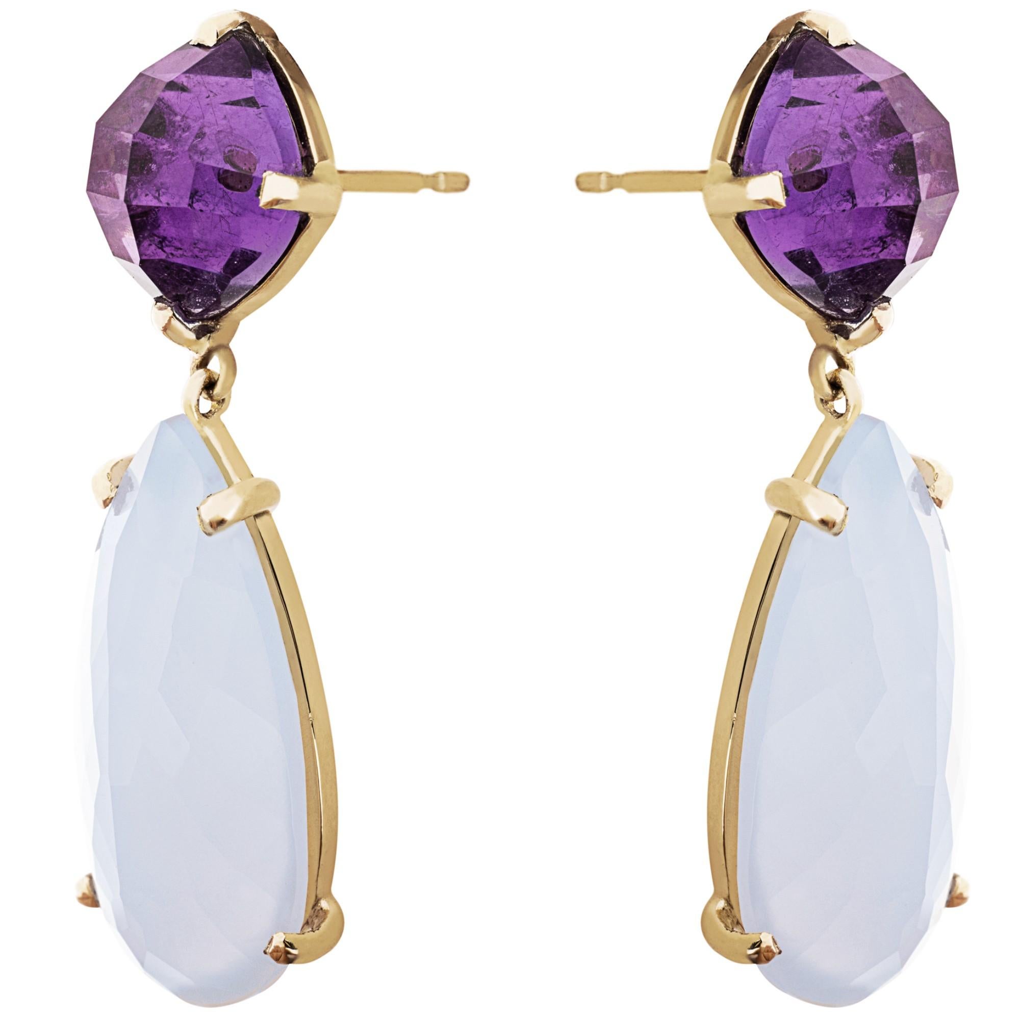 Mixed Cut Alex Jona Amethyst Chalcedony 18 Karat Yellow Gold Earrings For Sale