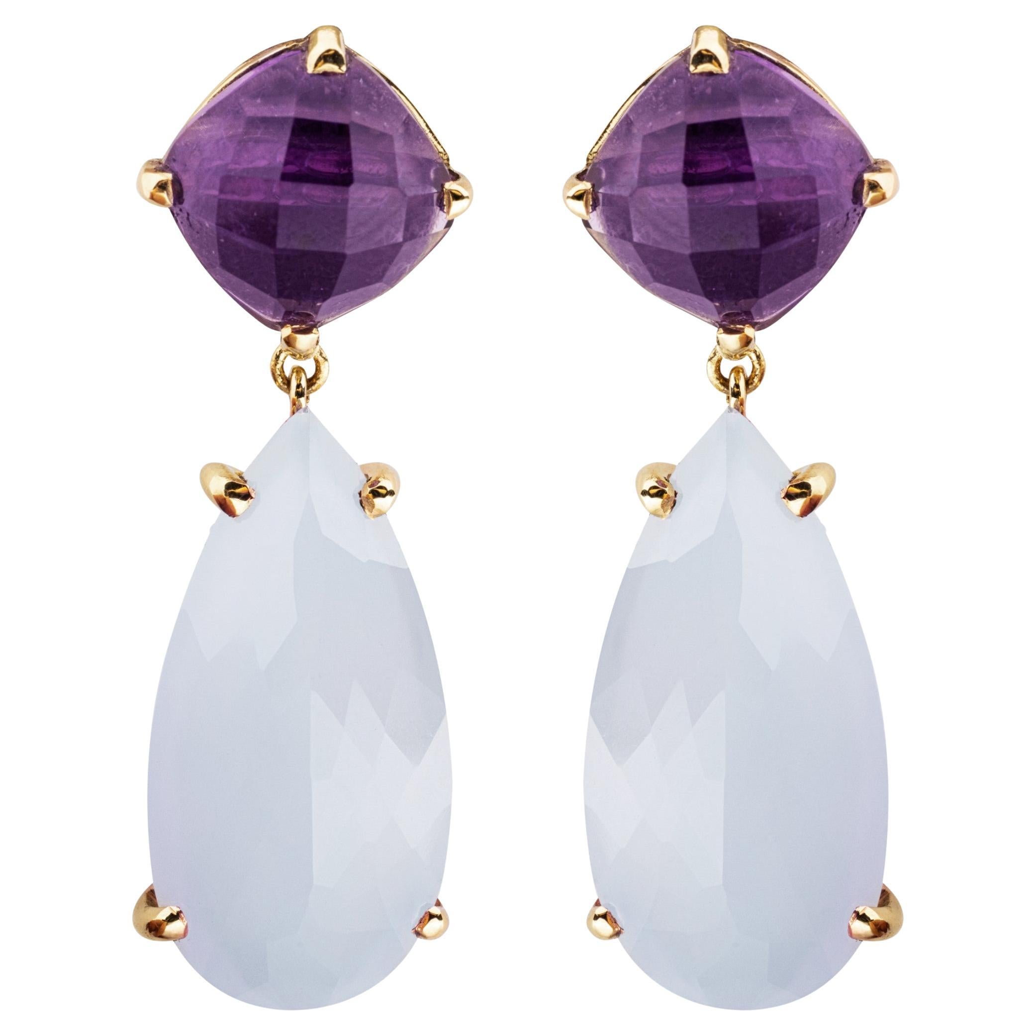 Alex Jona Amethyst Chalcedony 18 Karat Yellow Gold Earrings For Sale