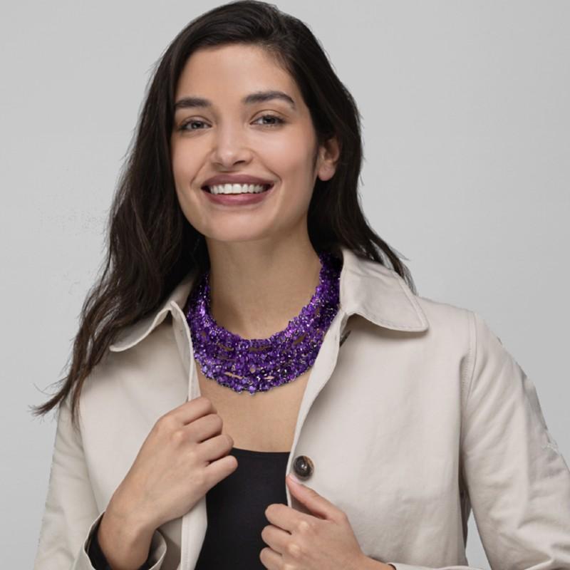 Alex Jona collection, Five Strand Faceted Briolette Amethyst Necklace with a   18kt Yellow Gold Clasp.
Dimensions: 1.96 in. W x 18.89 in. L. - 5 cm. W x 48 cm. L
Alex Jona jewels stand out, not only for their special design and for the excellent