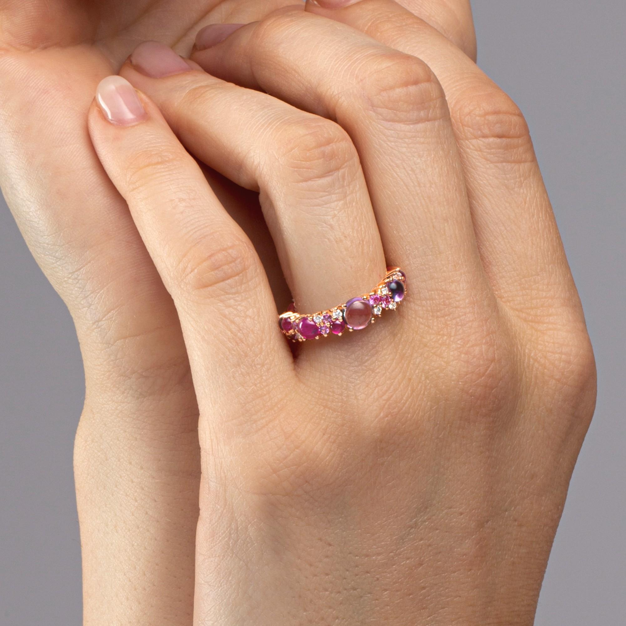 Women's Alex Jona Amethyst Ruby White Diamond Pink Sapphire 18 Karat Rose Gold Band Ring For Sale