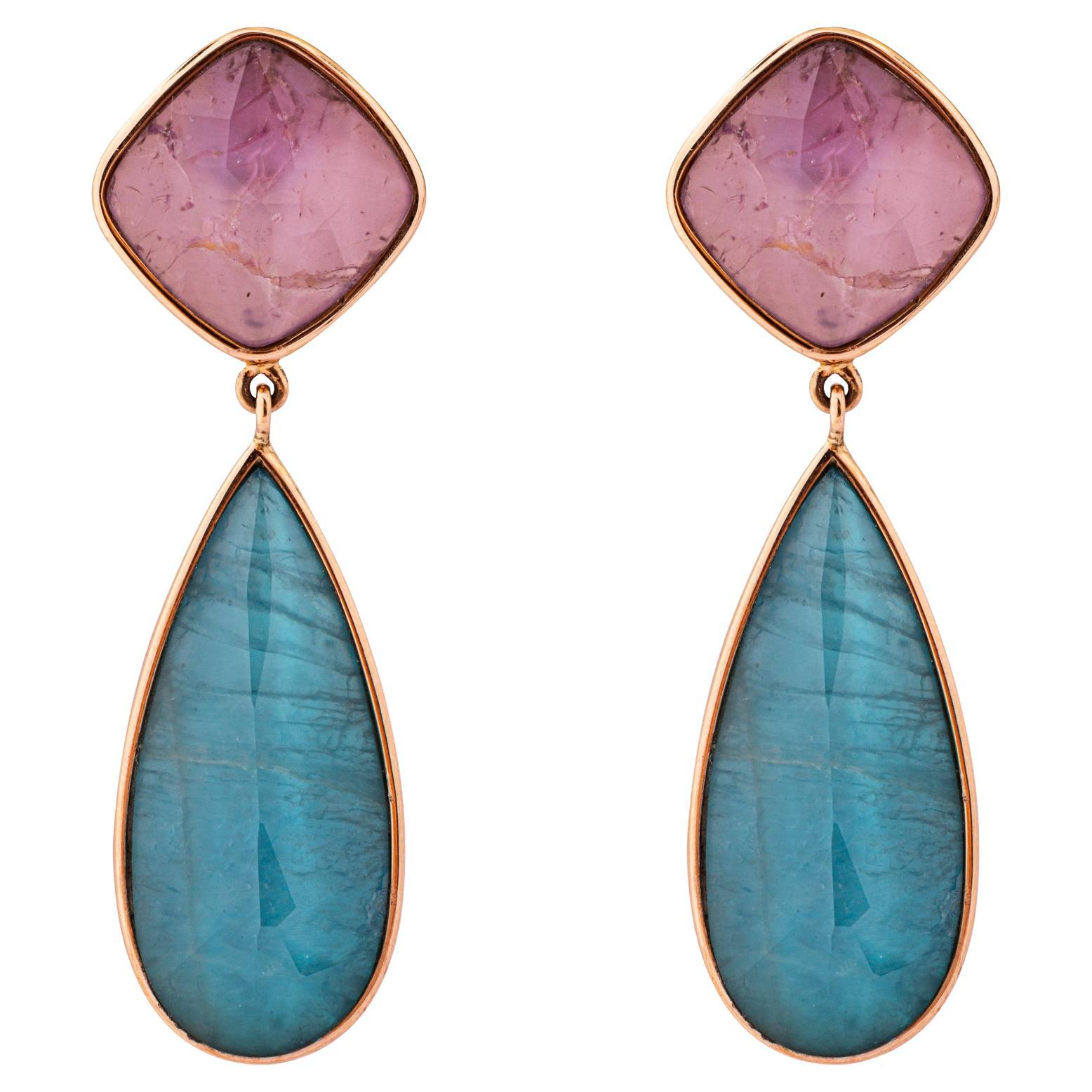 Alex Jona, boucles d'oreilles en goutte en or rose 18 carats, apatite, quartz et rhodolite