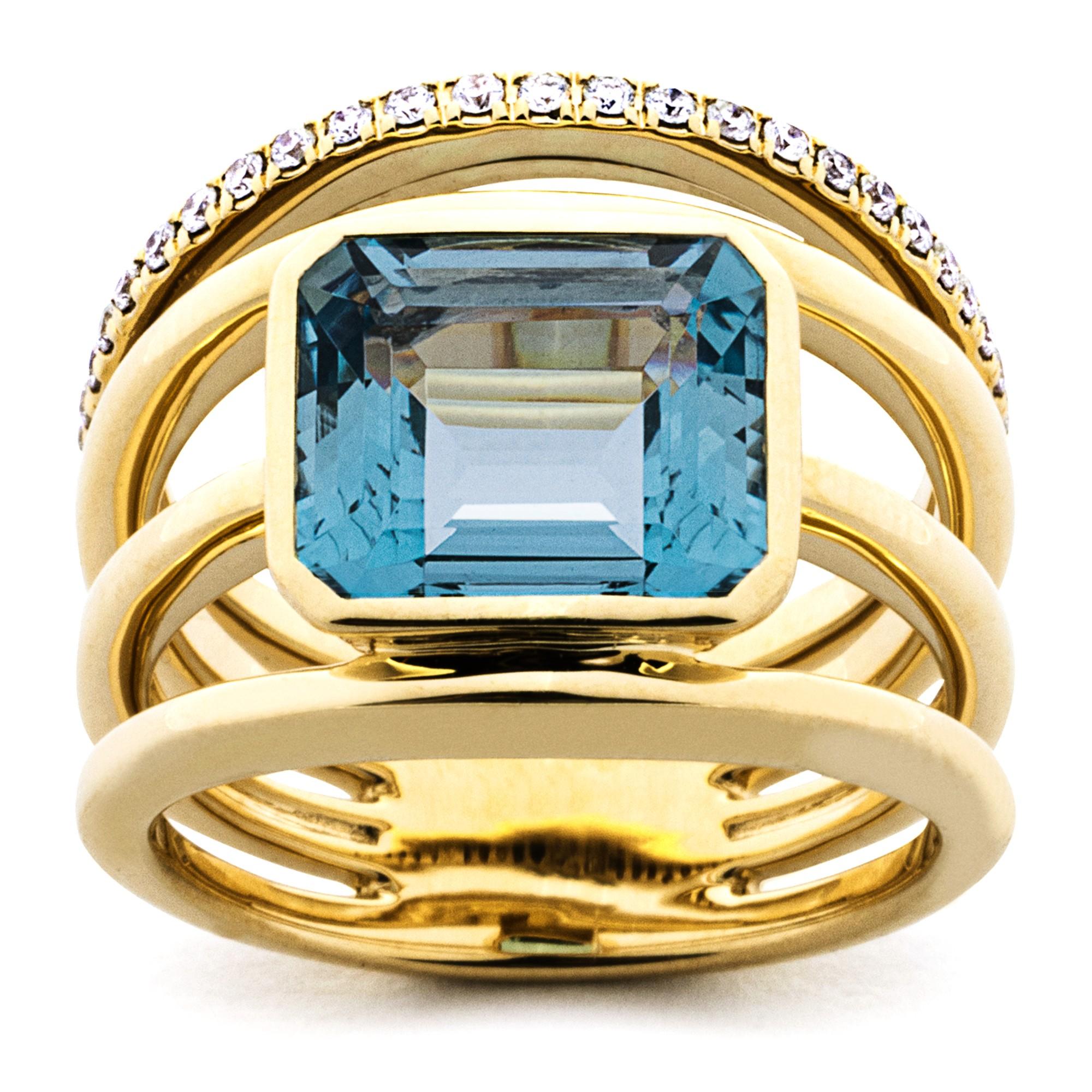 Contemporary Alex Jona Aquamarine White Diamond 18 Carat Gold Open Band Ring For Sale
