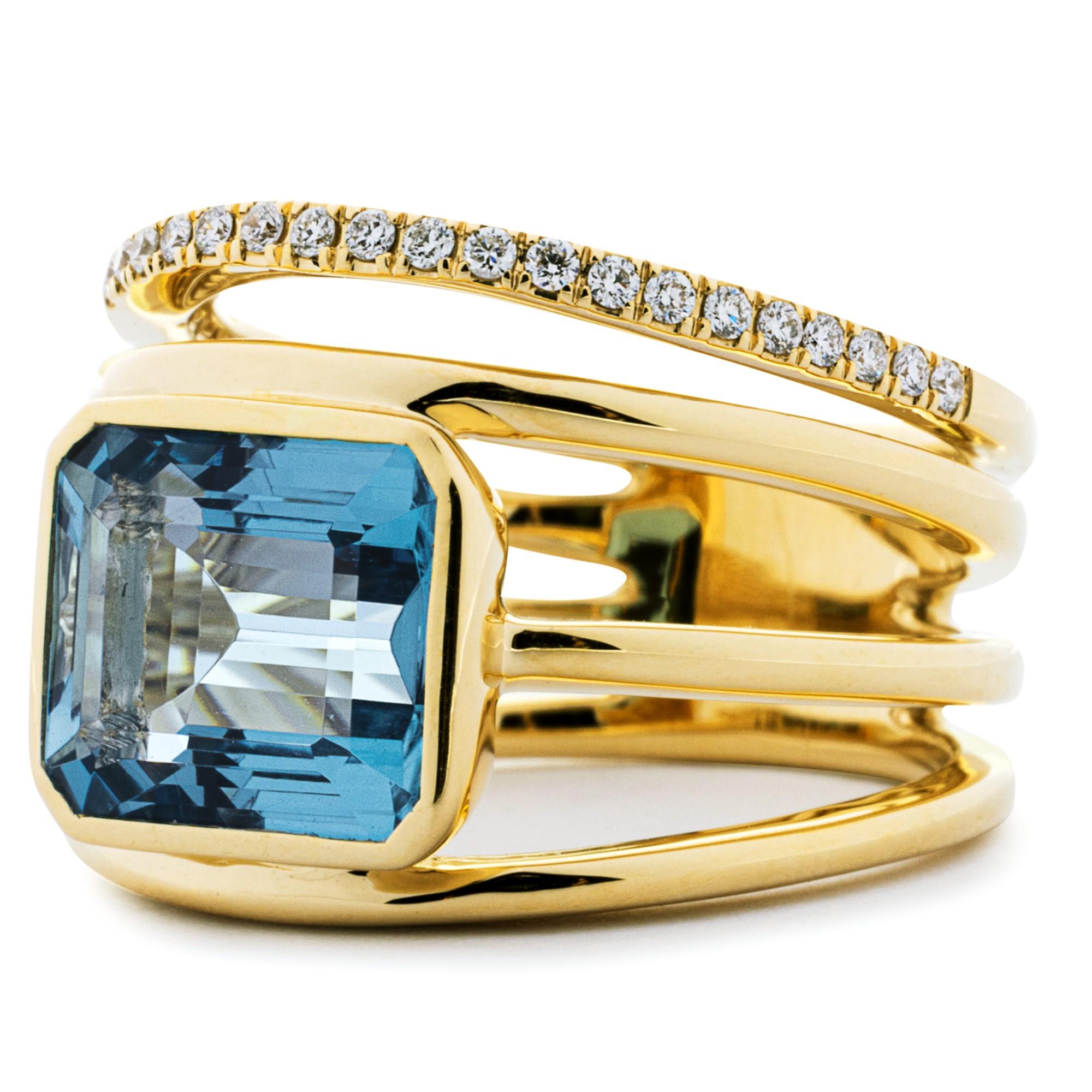 Round Cut Alex Jona Aquamarine White Diamond 18 Carat Gold Open Band Ring For Sale