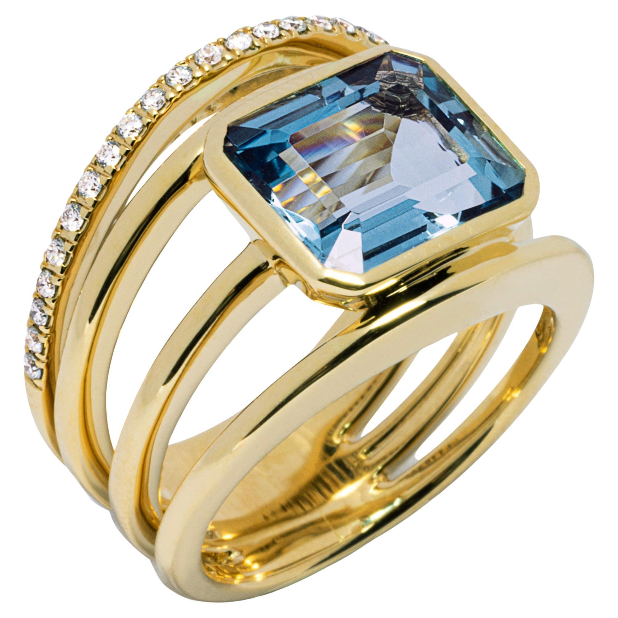 Offener Ring mit Aquamarin und weißem Diamant in 18 Karat Gold von Alex Jona