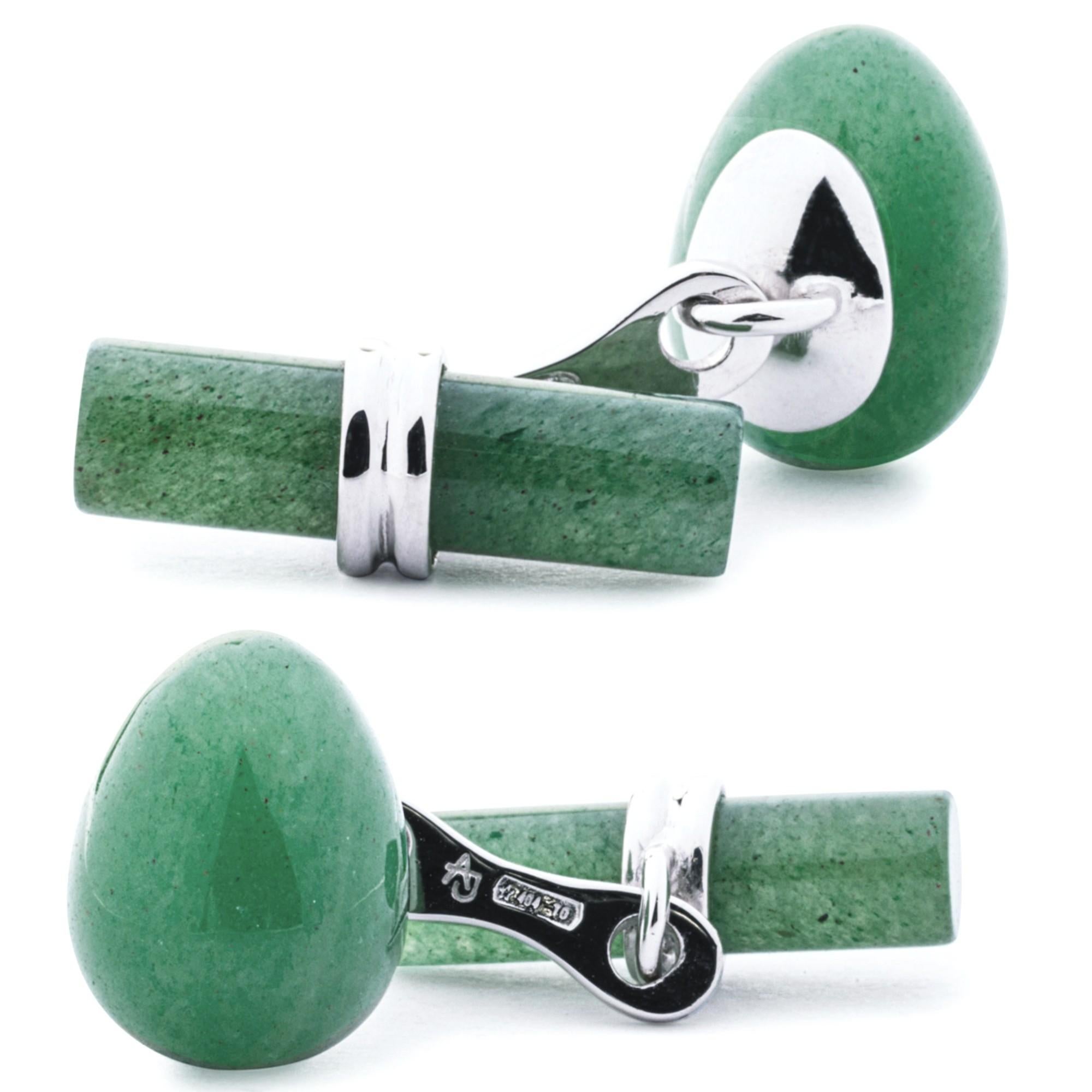 Mixed Cut Alex Jona Aventurine Egg Cylinder Sterling Silver Cufflinks For Sale