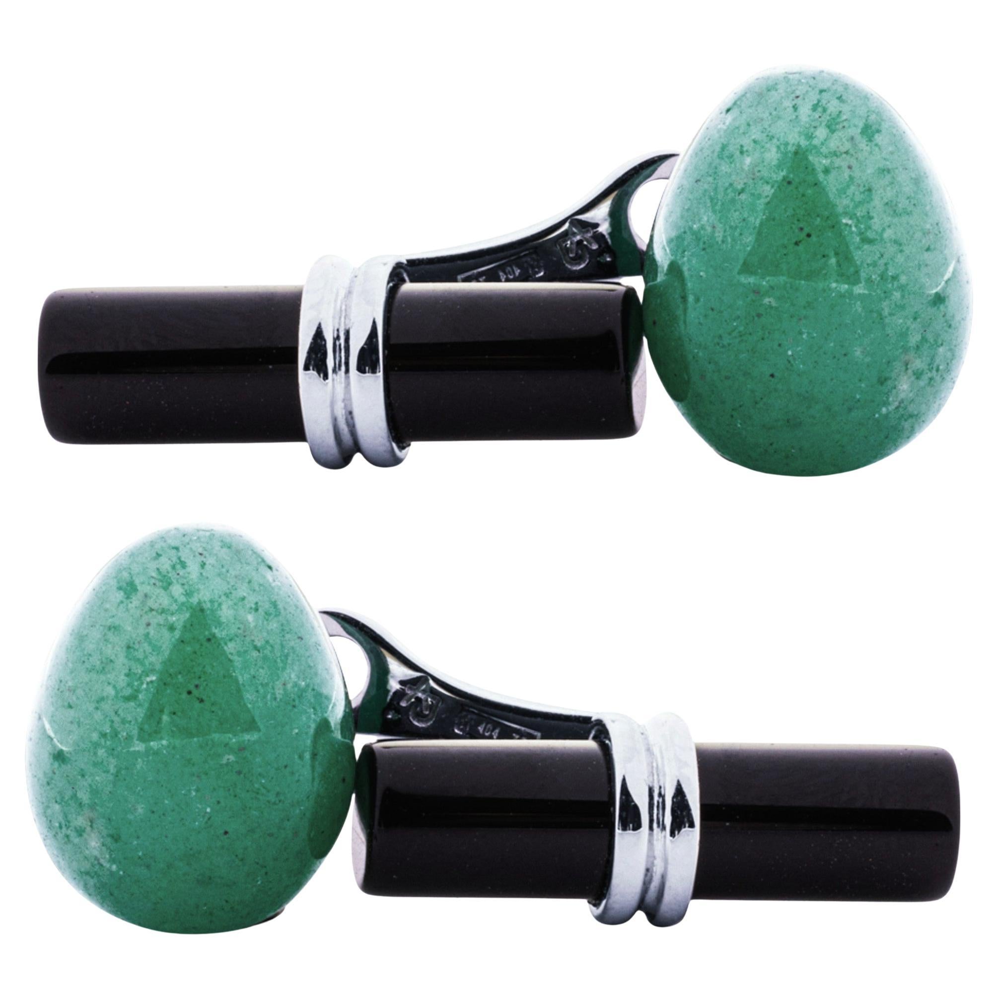 Alex Jona Aventurine Egg Onyx Cylinder Sterling Silver Cufflinks