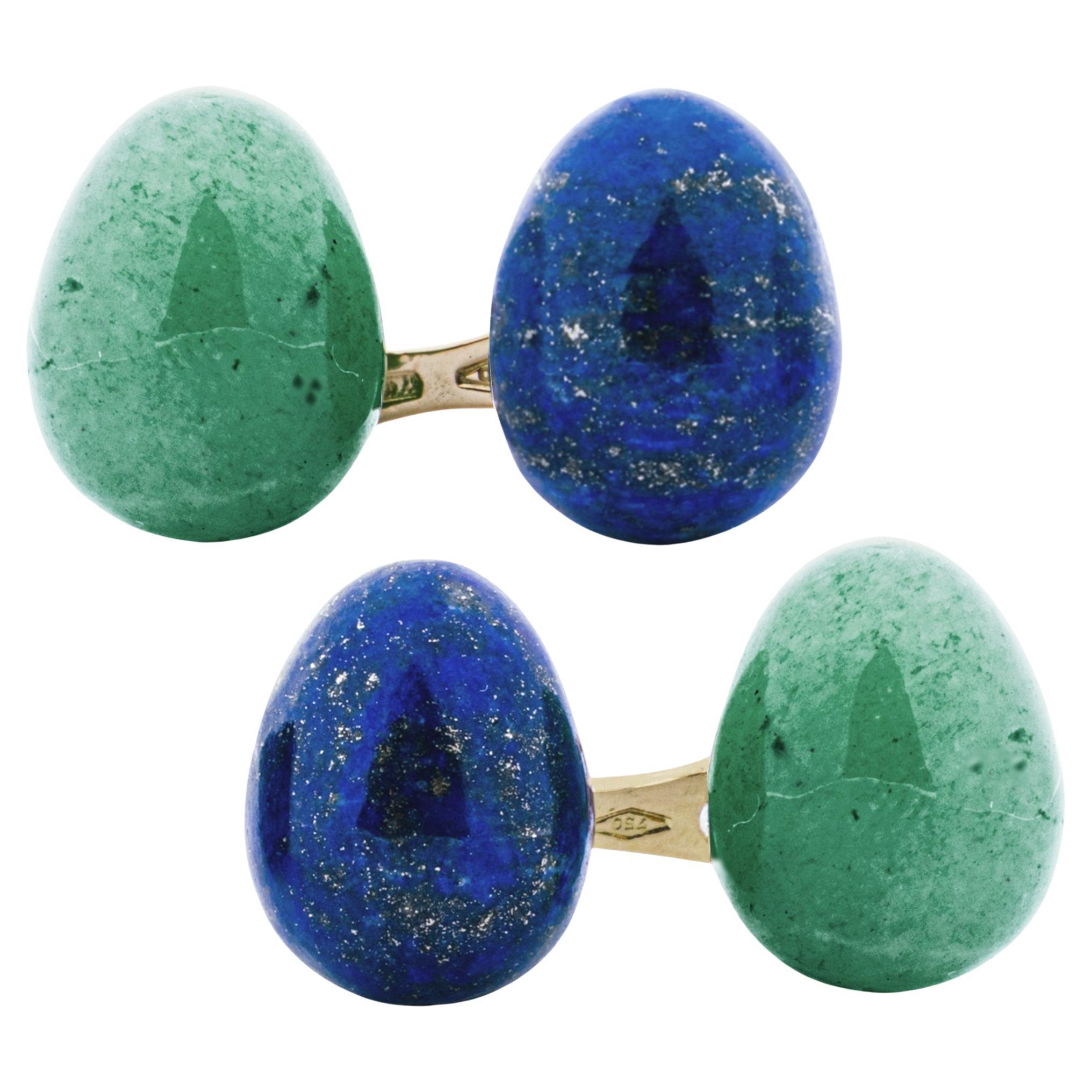 Alex Jona Aventurine Lapis Lazuli Egg Shaped 18 Karat Yellow Gold Cufflinks