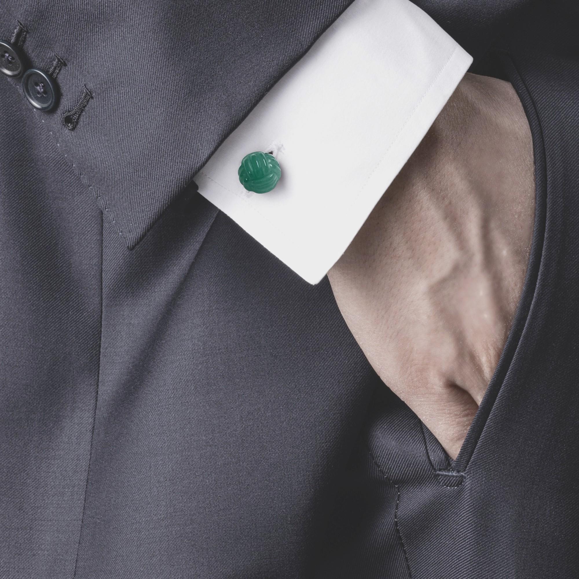 Alex Jona design collection, crafted in Italy, hand carved aventurine knot cufflinks mounted in rhodium plated Sterling Silver. 
Alex Jona cufflinks stand out, not only for their special design and for the excellent quality, but also for the careful