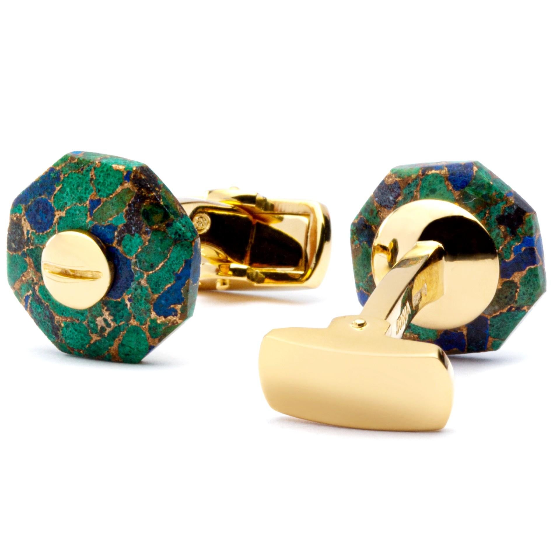Alex Jona Azurite Sterling Silver Gold-Plated Octagonal Cufflinks In New Condition For Sale In Torino, IT