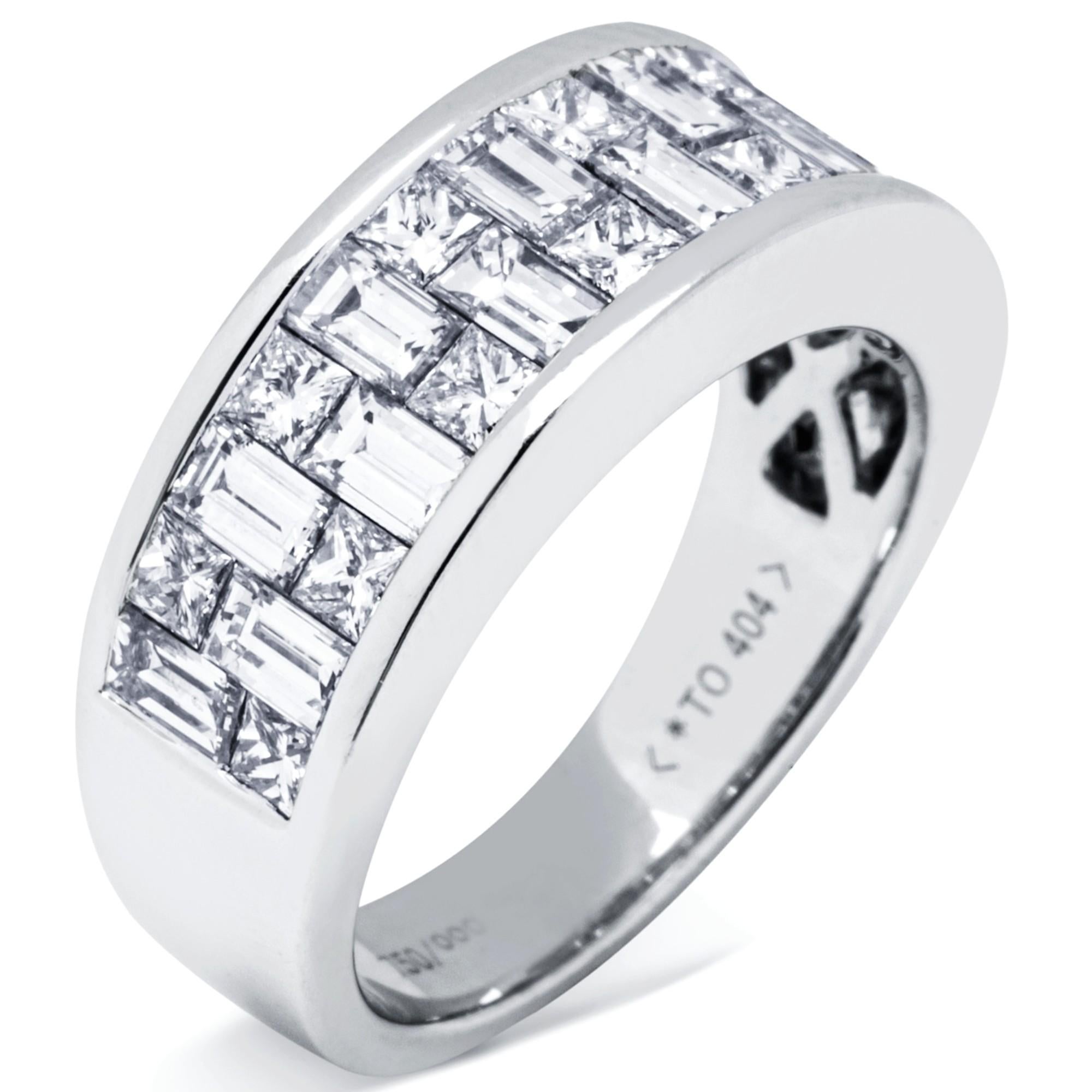 Baguette Cut Alex Jona Baguette and Square Cut White Diamond 18 Karat White Gold Band Ring For Sale