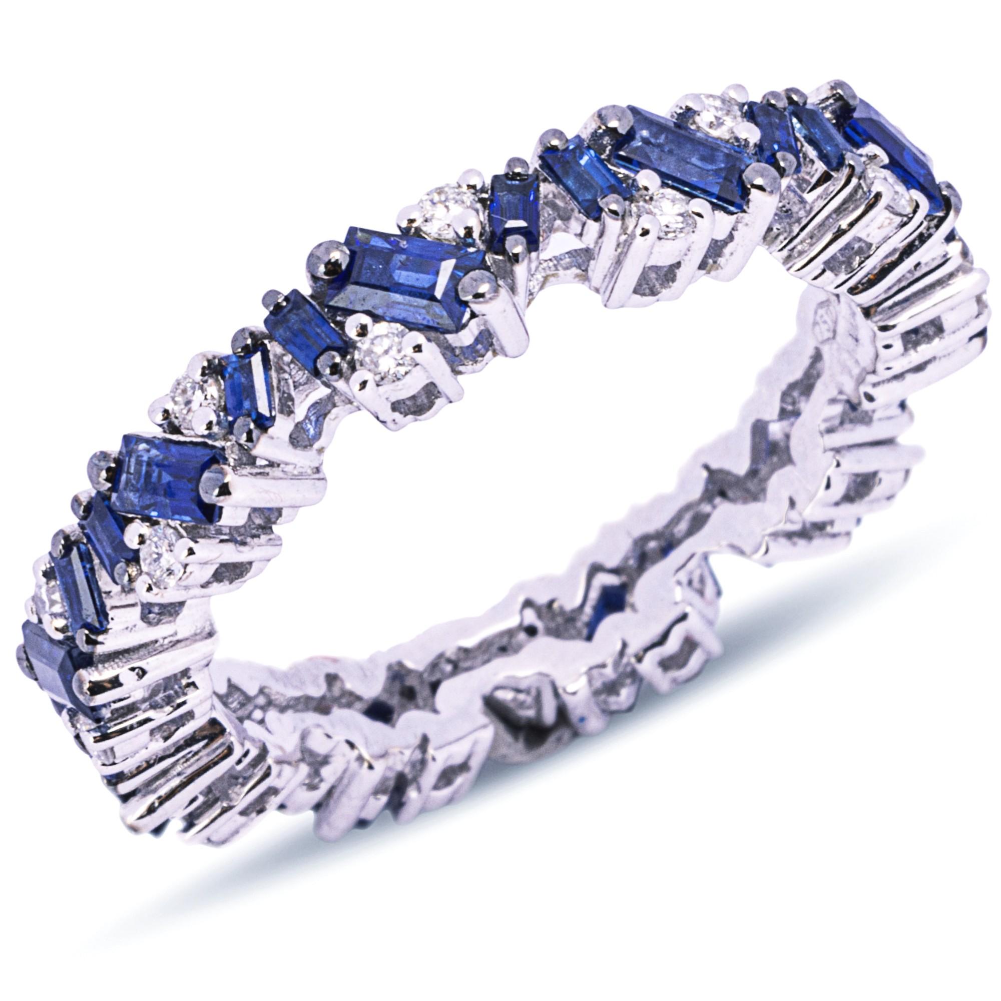 Alex Jona Baguette Cut Blue Sapphire & Diamond 18 Karat White Gold Eternity Ring In New Condition For Sale In Torino, IT