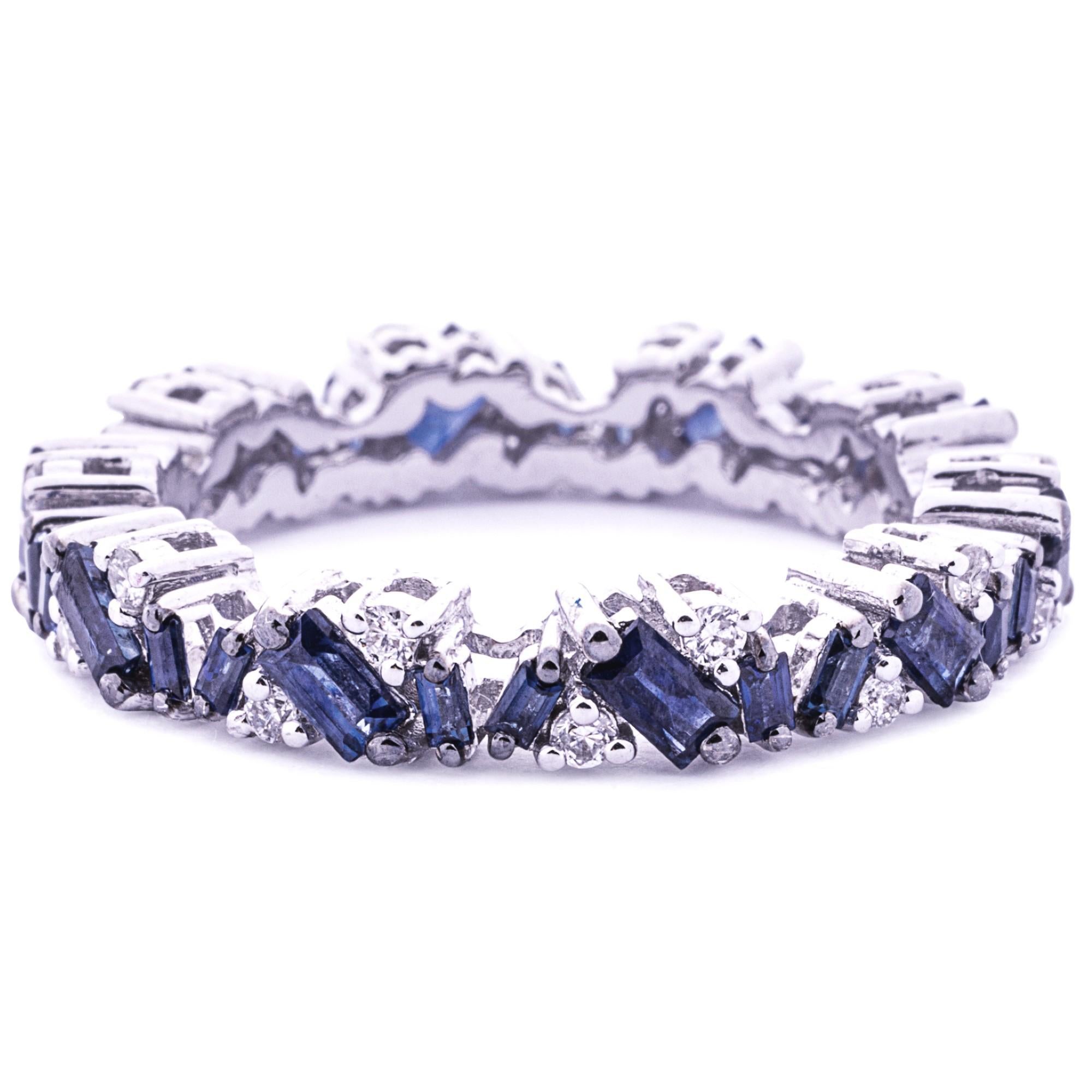 Women's Alex Jona Baguette Cut Blue Sapphire & Diamond 18 Karat White Gold Eternity Ring For Sale