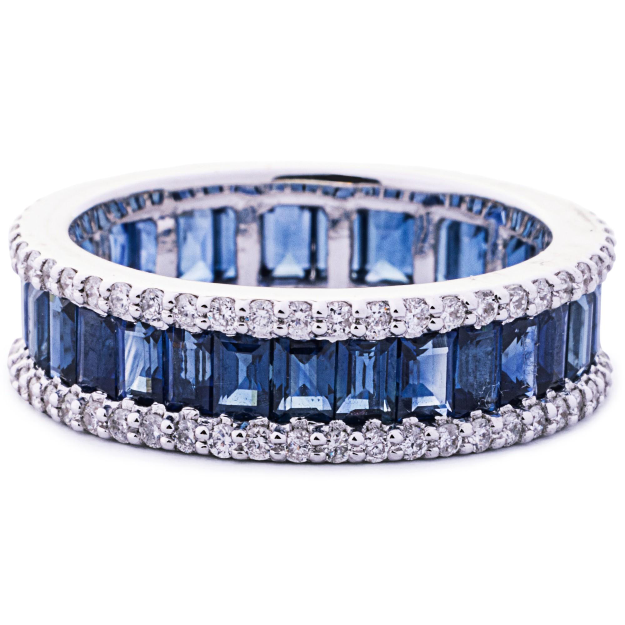 Women's Alex Jona Baguette Cut Blue Sapphire White Diamond 18 Karat Gold Eternity Ring
