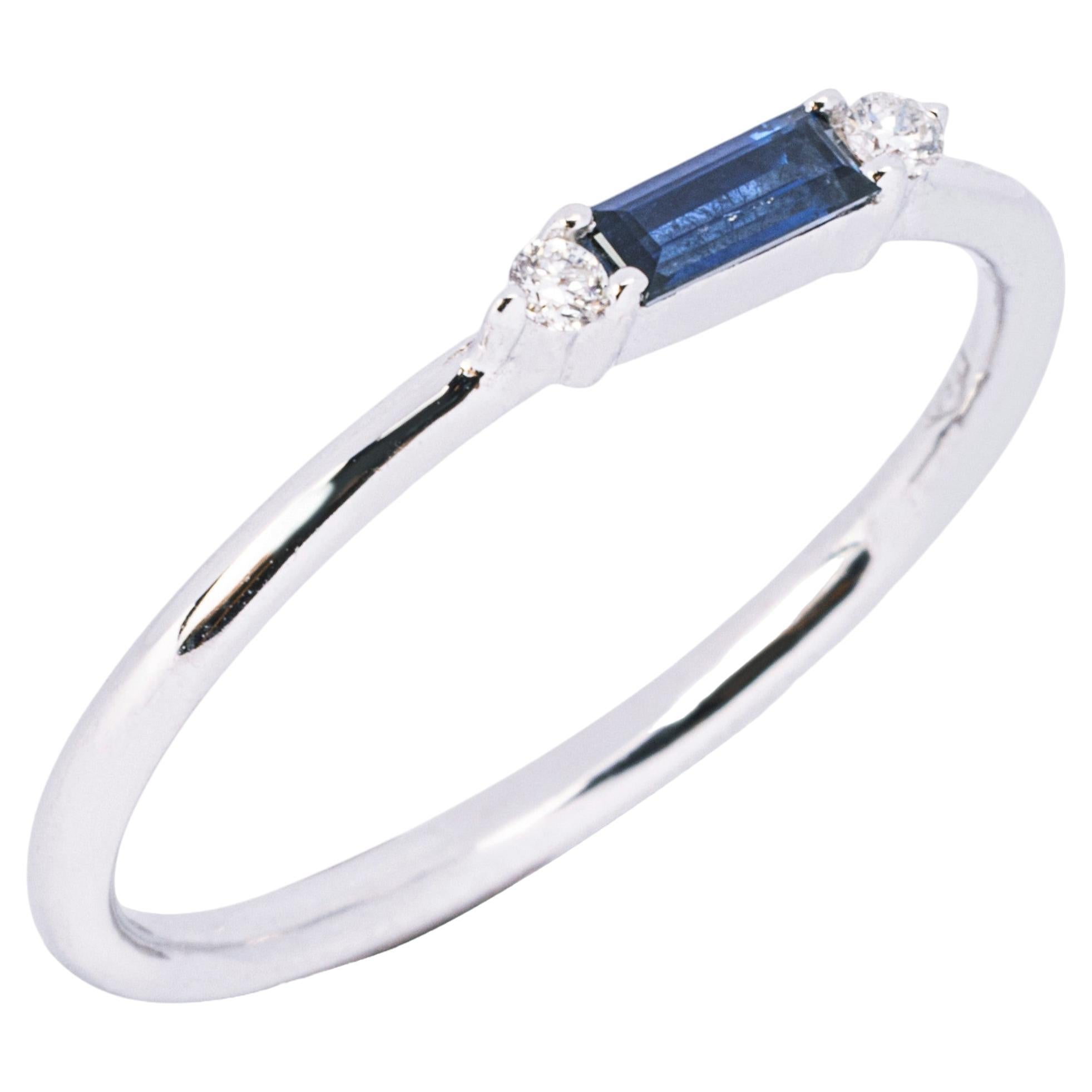 Alex Jona Baguette Cut Blue Sapphire & White Diamond 18 Karat White Gold Ring For Sale