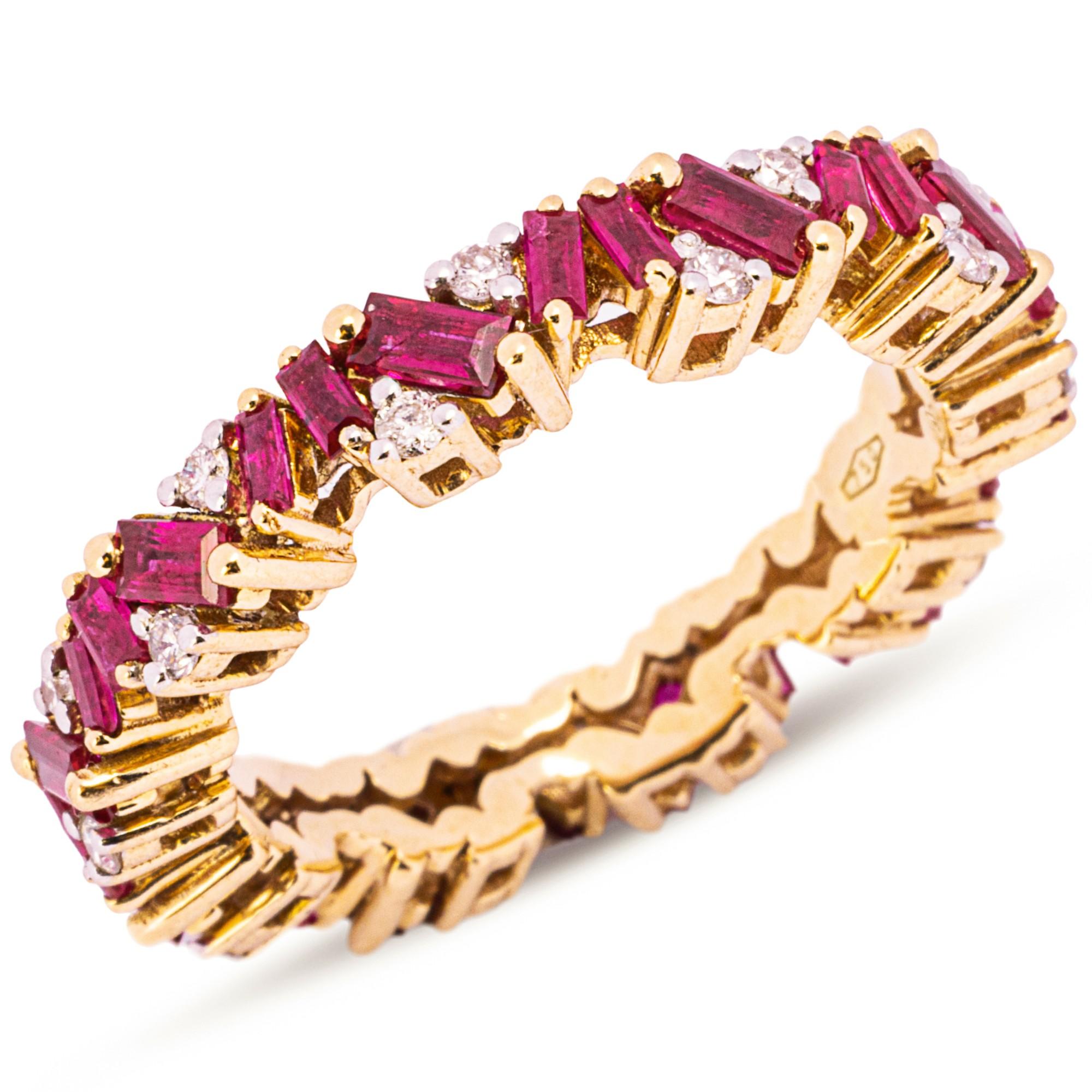 Alex Jona Baguette Cut Ruby Diamond 18 Karat Rose Gold Eternity Ring Band In New Condition For Sale In Torino, IT