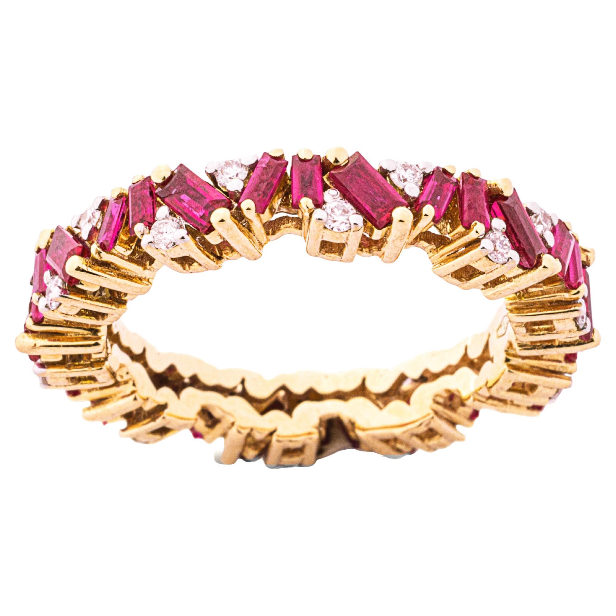 Alex Jona Baguette Cut Ruby Diamond 18 Karat Rose Gold Eternity Ring Band For Sale