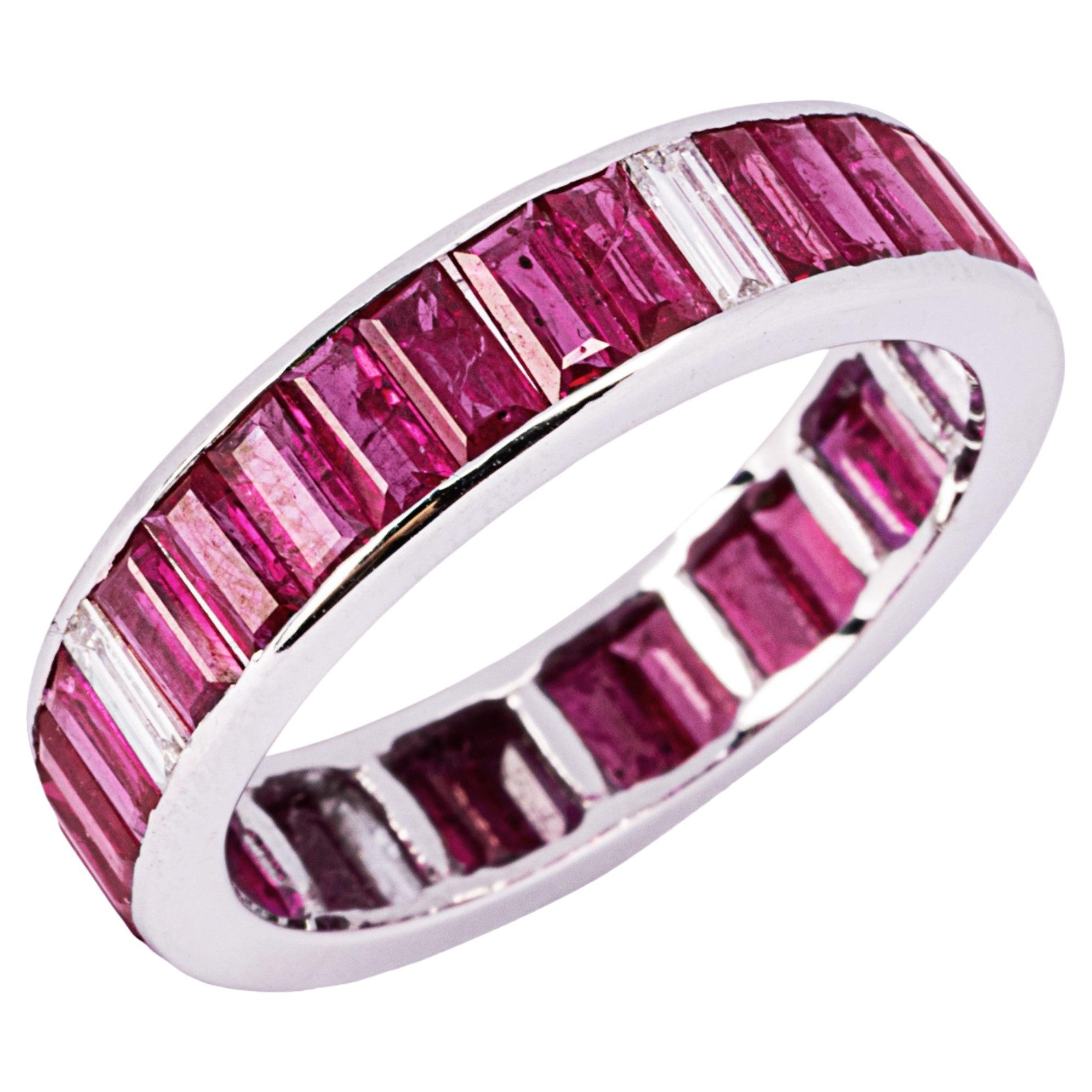 Alex Jona Baguette Cut Ruby White Diamond 18 Karat Gold Eternity Ring Band For Sale