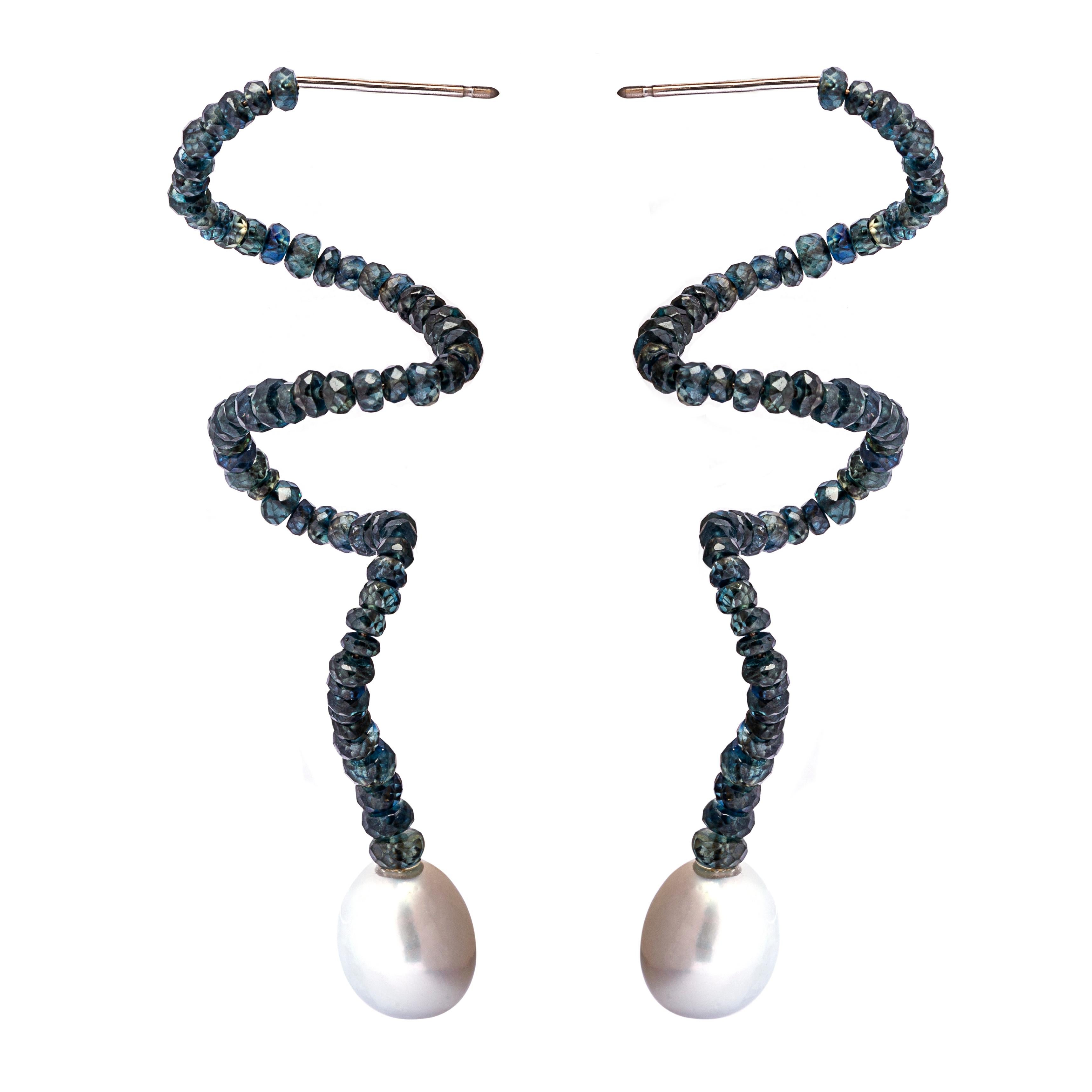 Briolette Cut Alex Jona Baroque South Sea Pearl Blue Sapphire Swirl Ear Pendants For Sale