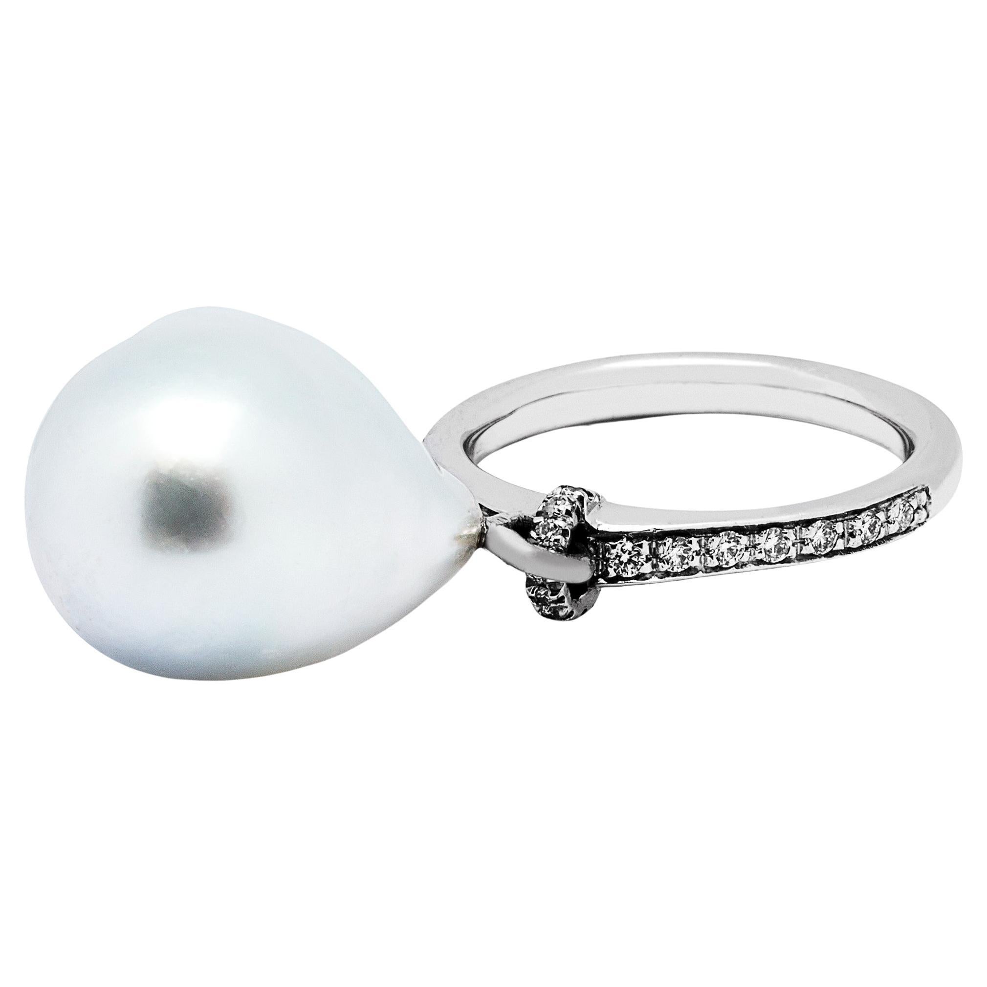 Alex Jona Baroque South Sea Pearl Charm White Diamond 18 Karat White Gold Ring